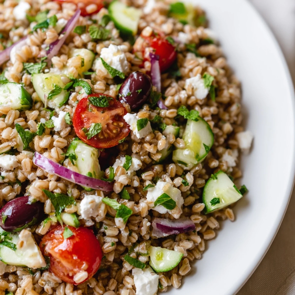 Overhead view of Farro Salad Mediterranean tossed in zesty lemon-oregano dressing, showing chewy grains and vibrant red onions.