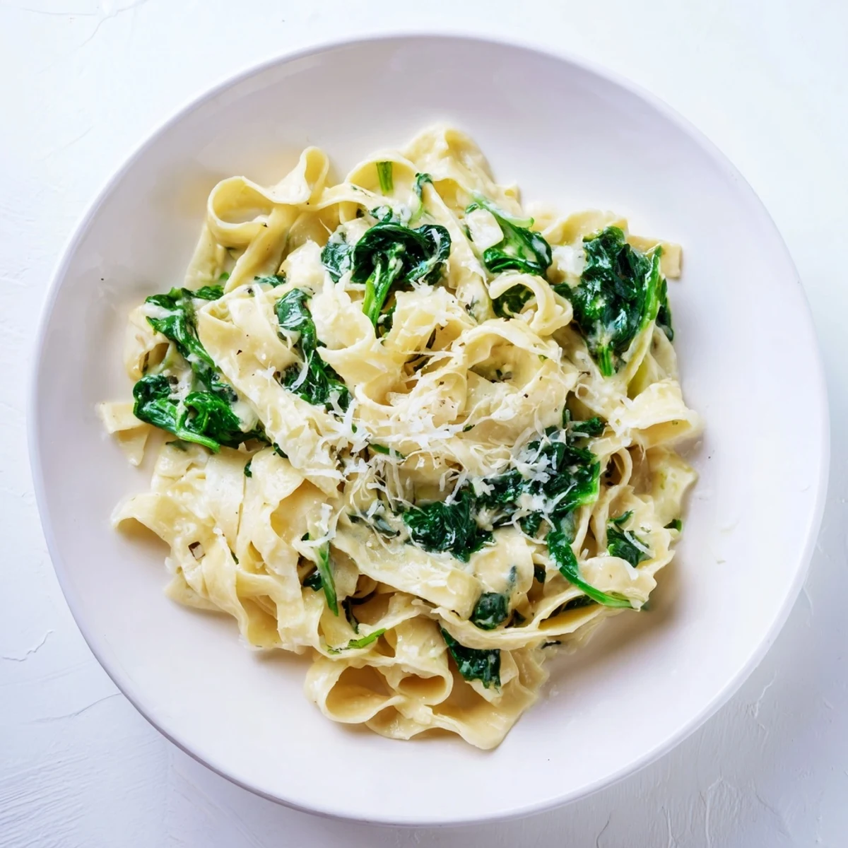 A close-up of Creamy Spinach Garlic Noodles twirled on a fork, highlighting tender egg noodles and minced garlic in a lush sauce.