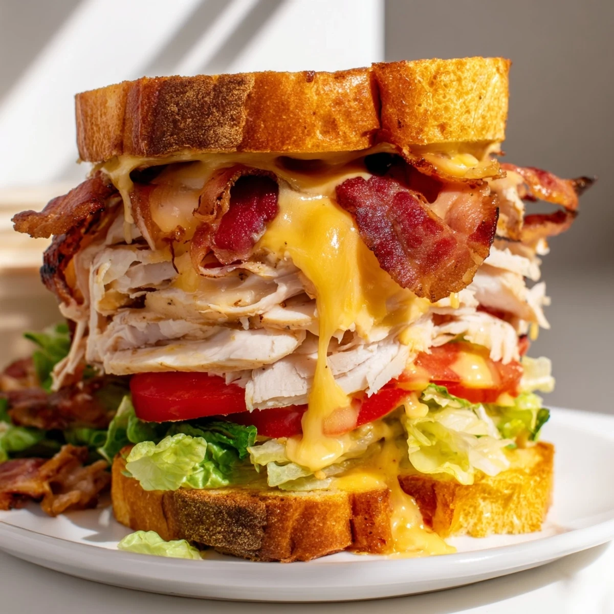 Golden-brown Turkey Club Grilled Cheese sandwich with melted cheddar, crispy bacon, lettuce, and tomato on buttery sourdough.