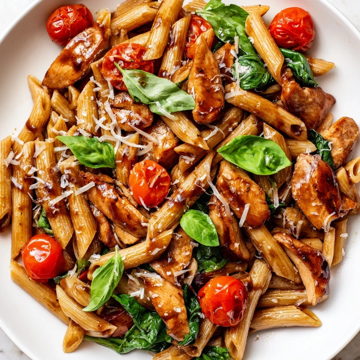 Steaming Balsamic Glazed Chicken Pasta twirls into a skillet, glistening with a rich, tangy reduction and speckled with fresh herbs and spinach.