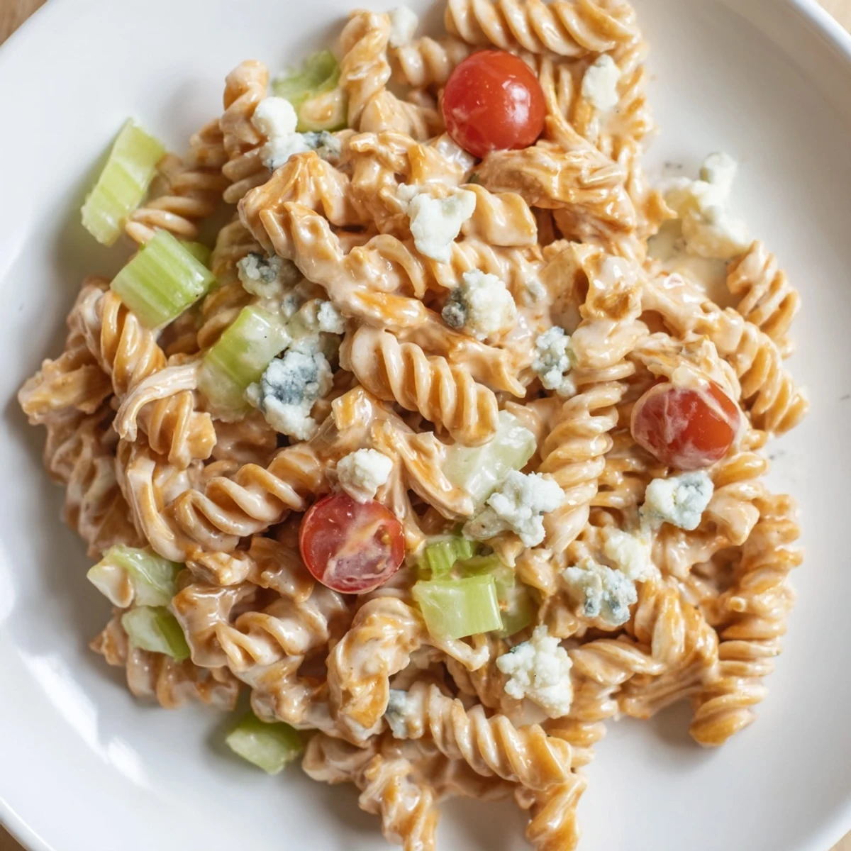 Cold Buffalo Chicken Pasta Salad with creamy ranch dressing, crunchy celery, and red bell peppers in a chilled bowl.  