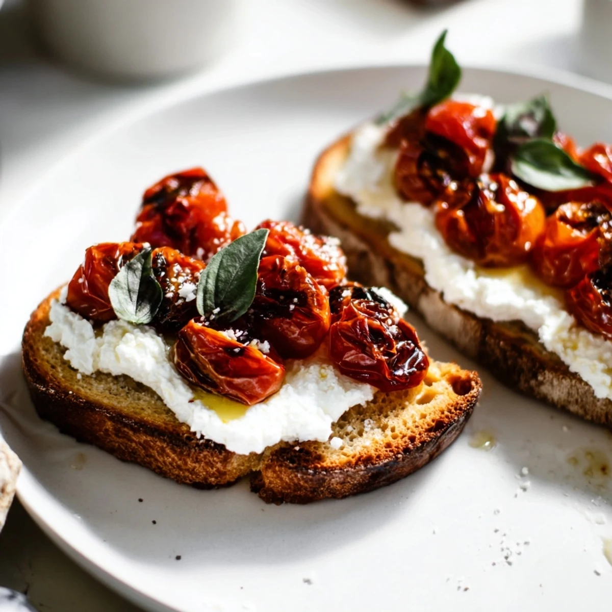 Golden roasted cherry tomatoes glisten atop creamy whipped ricotta on thick slices of toasted sourdough, garnished with fresh basil.