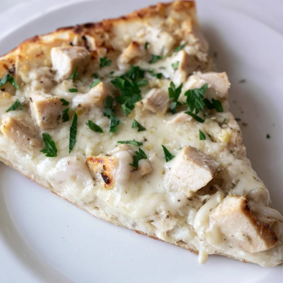 Golden-brown Chicken Alfredo Pizza fresh from the oven, topped with creamy white sauce, diced chicken, and melted mozzarella on a rustic crust.  