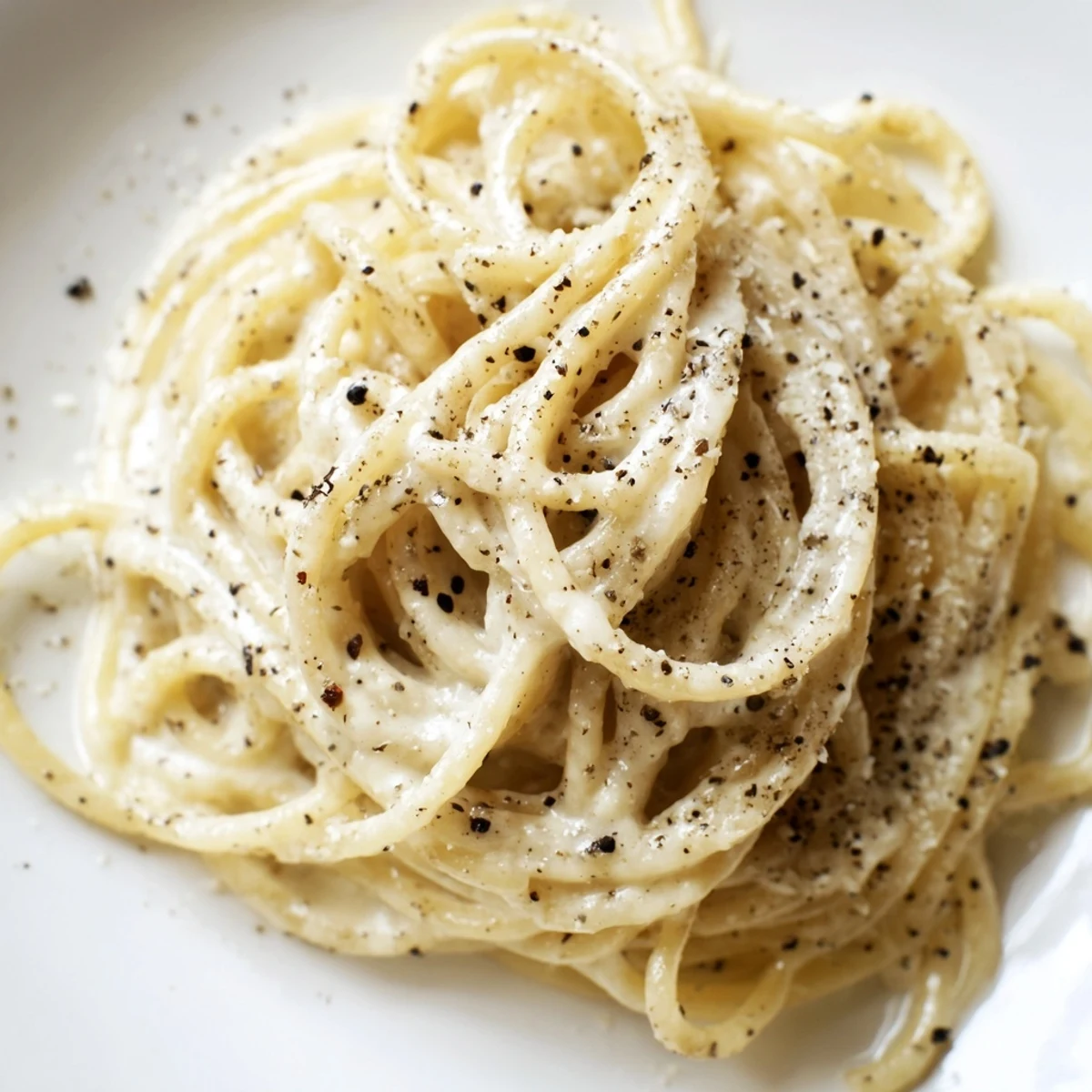 Steaming Spaghetti Cacio e Pepe is tossed in a skillet with Pecorino Romano and freshly cracked black pepper, creating a creamy, velvety sauce.