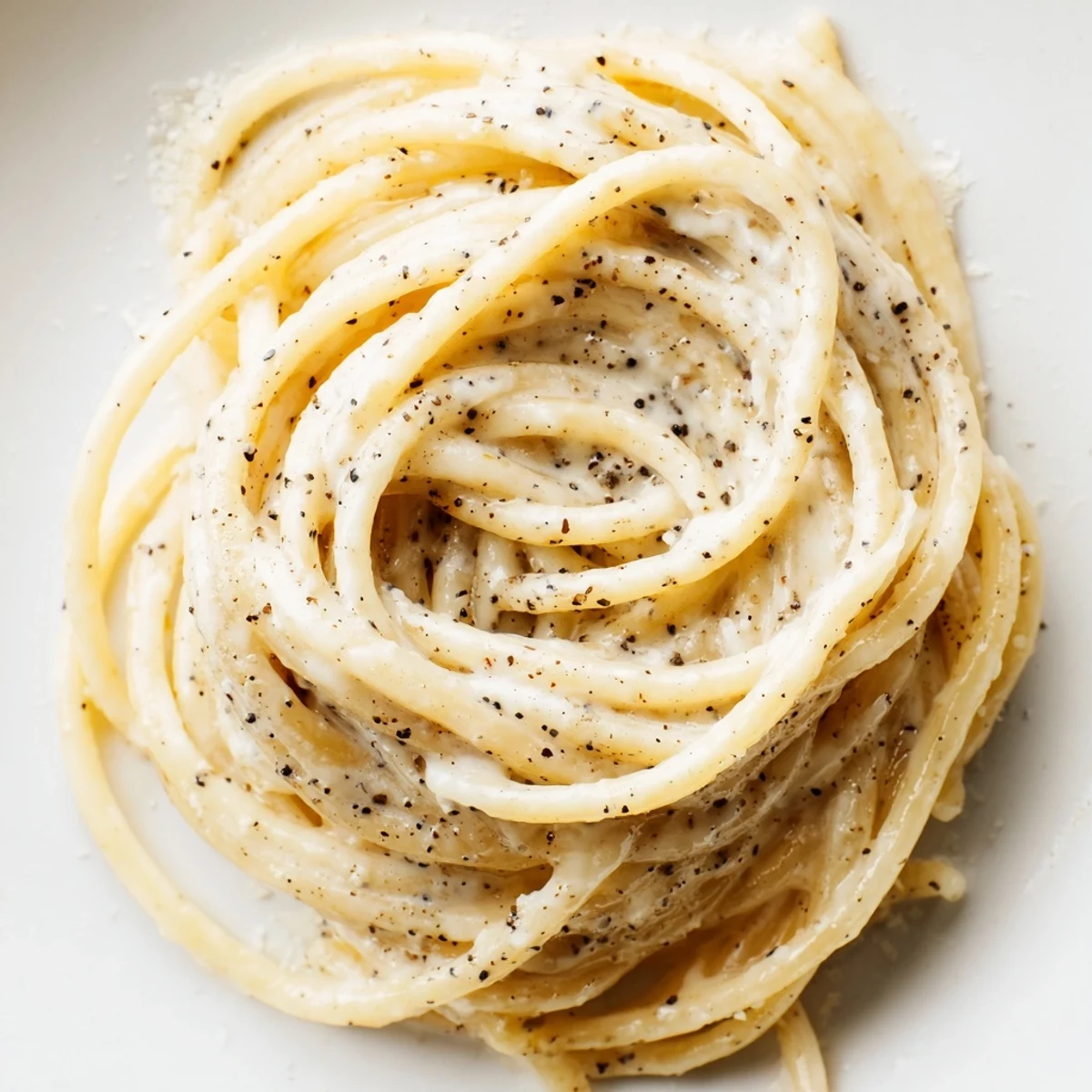 Golden strands of Spaghetti Cacio e Pepe shine with Pecorino Romano and a generous dusting of freshly cracked black pepper on a rustic plate.