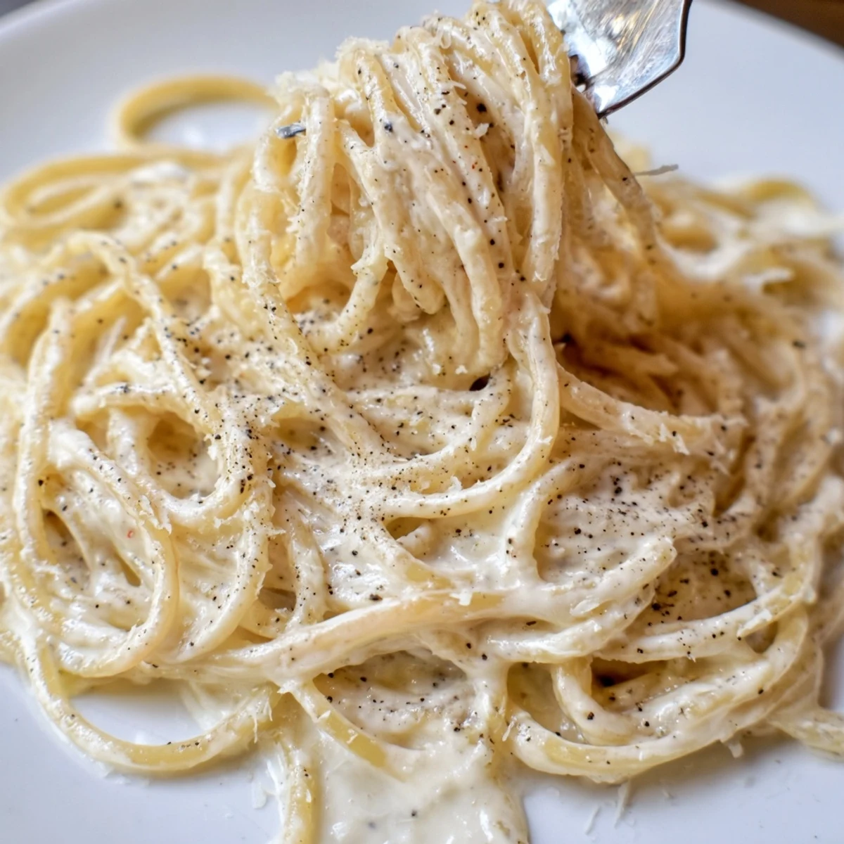 Twirling forks serve Spaghetti Cacio e Pepe, topped with extra Pecorino Romano and cracked pepper, paired with a crisp white wine.