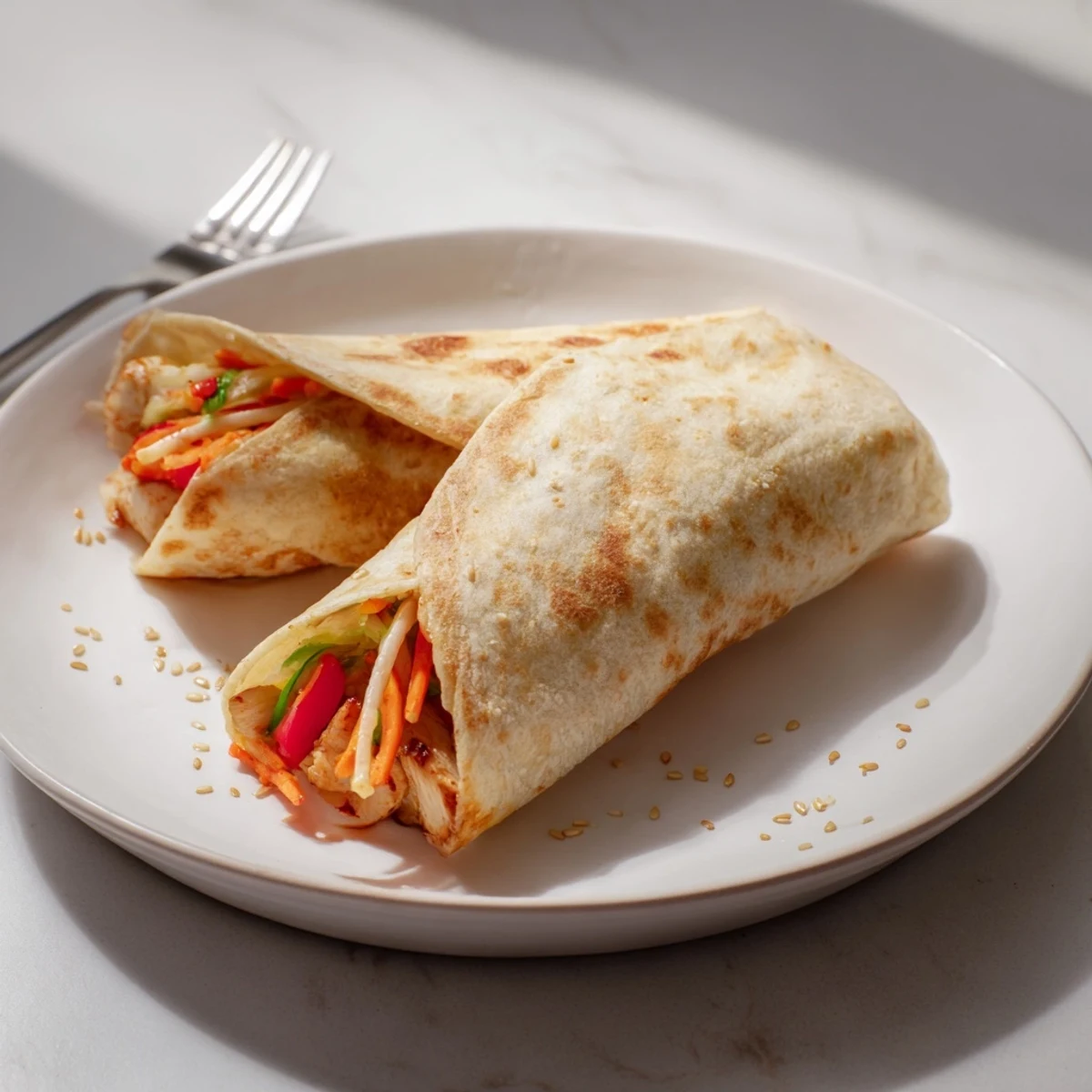 Golden-brown teriyaki chicken strips nestled in a soft tortilla with crisp shredded cabbage and carrots.