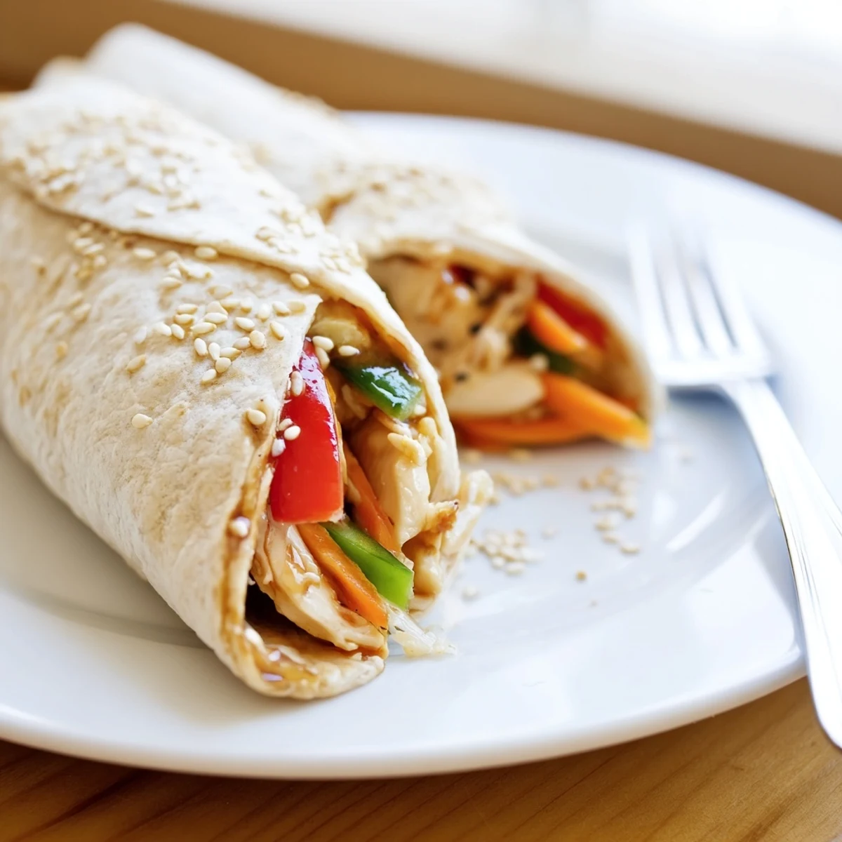 Freshly rolled teriyaki chicken wraps garnished with sesame seeds, served alongside a dipping sauce.