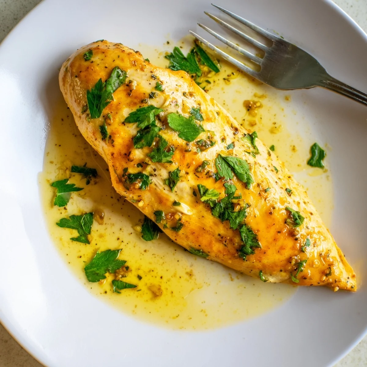 Golden-brown Lemon Pepper Chicken breasts resting in a pan, coated in a glossy, vibrant lemon-pepper butter sauce.
