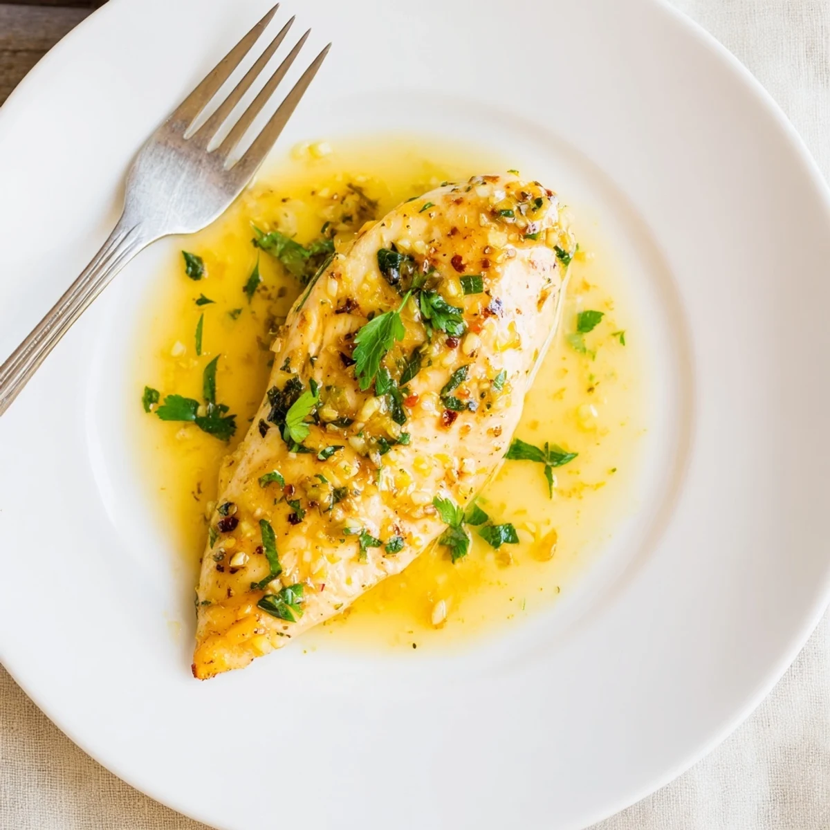 Close-up of a tender, juicy Lemon Pepper Chicken breast with a buttery, zesty pan sauce pooling beneath it.