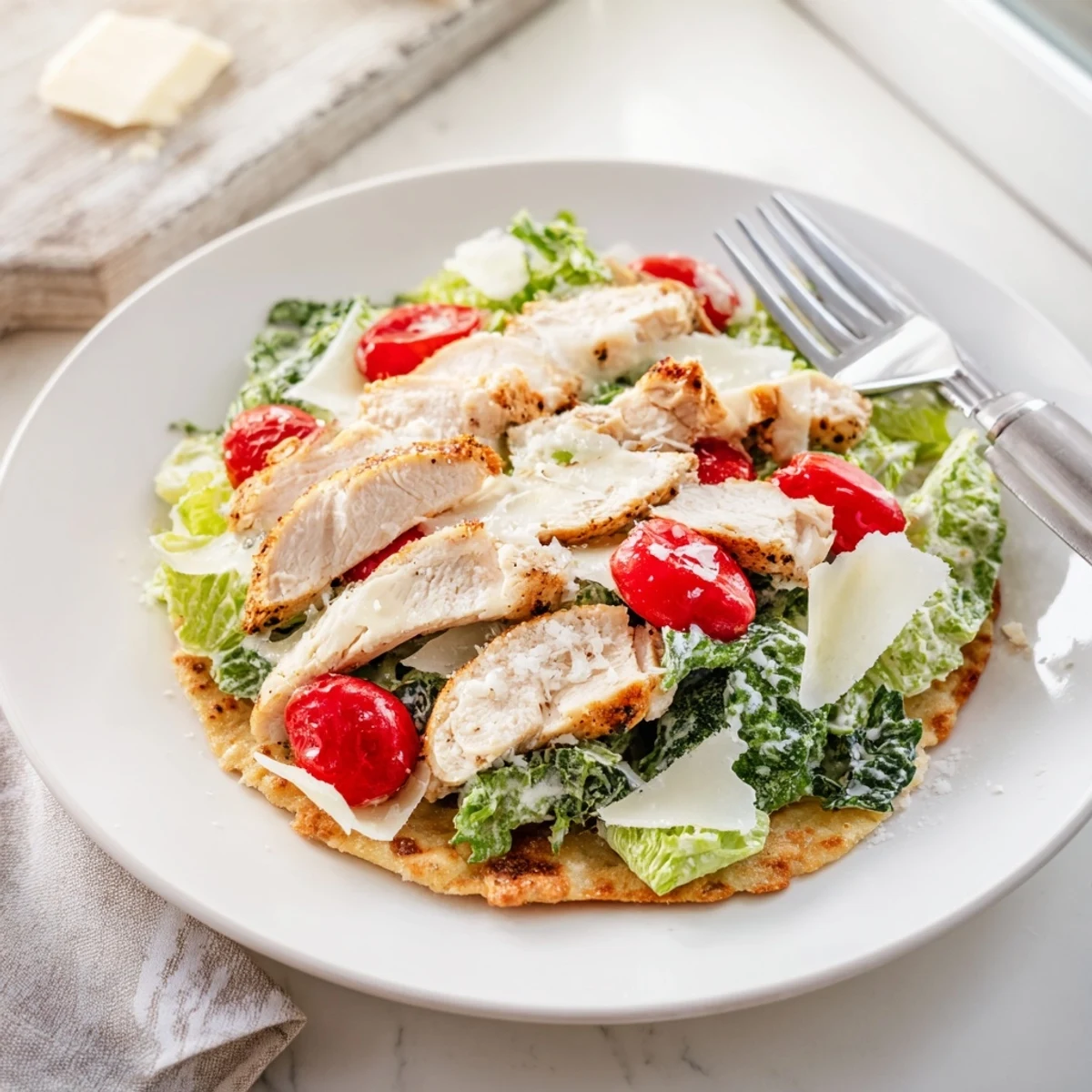 Golden-brown flatbread topped with sliced grilled chicken, fresh romaine, and Caesar dressing.  