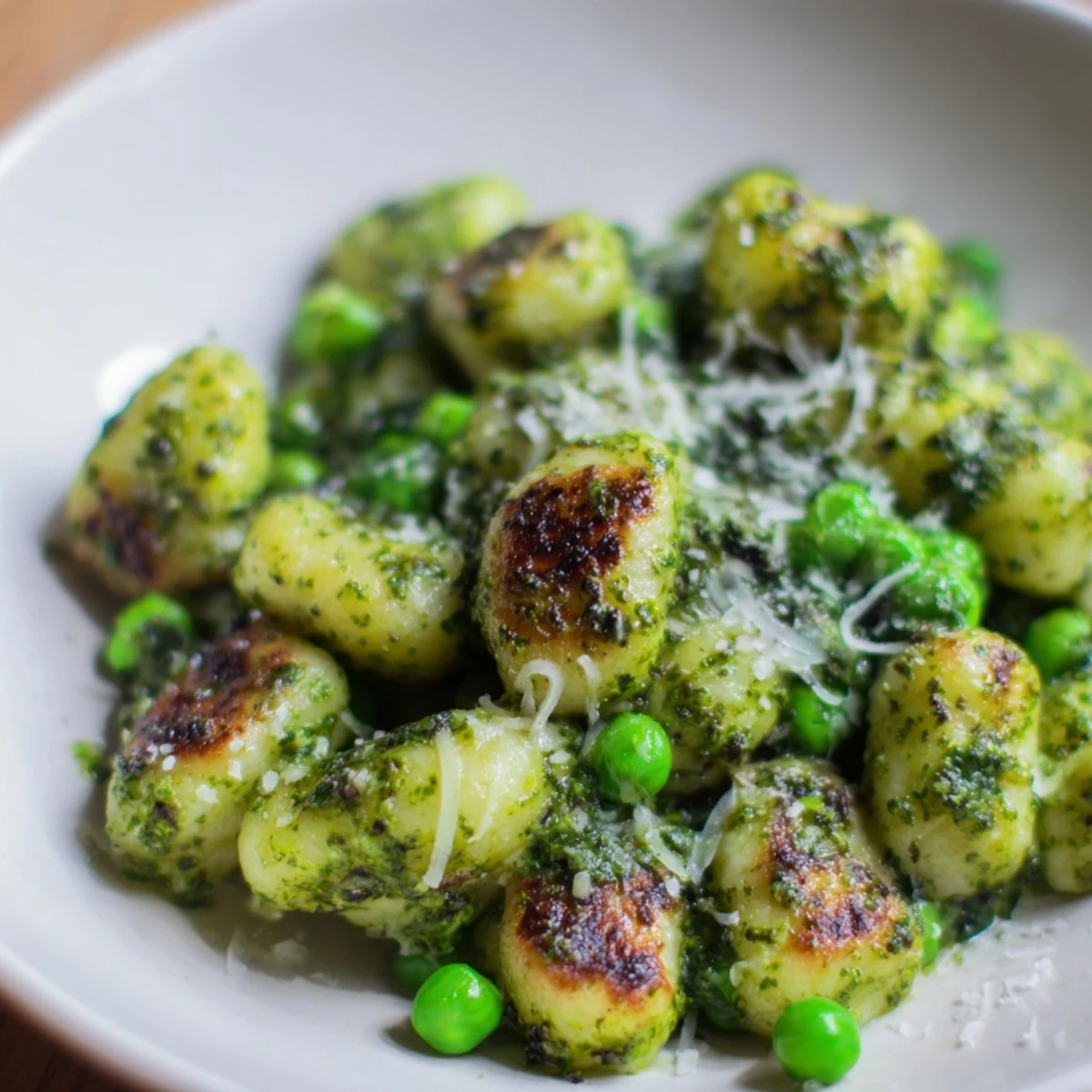 Close-up of tender gnocchi and sweet peas coated in rich green pesto, ready for a weeknight dinner.