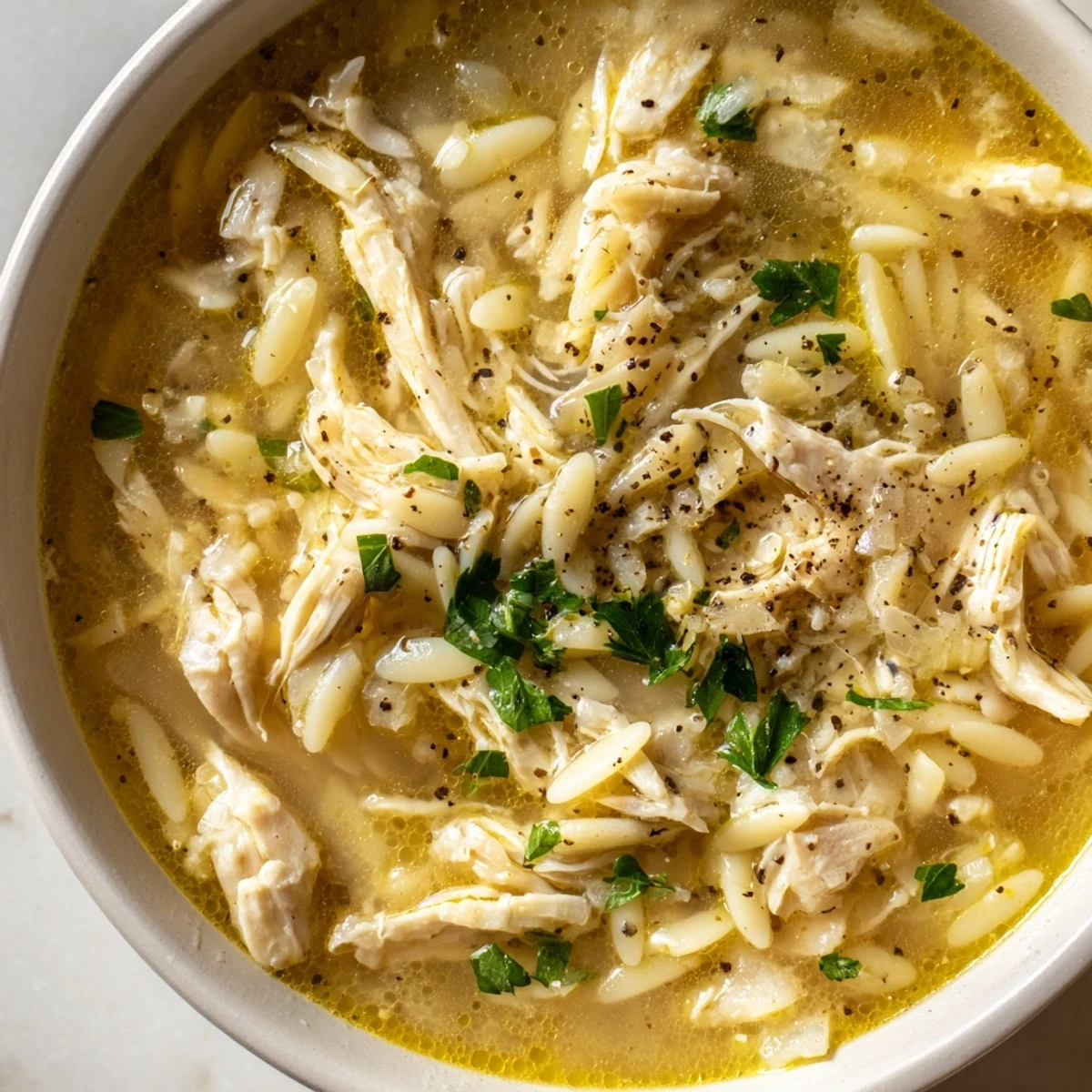Bright, steaming Lemon Pepper Chicken Orzo Soup in a rustic bowl, garnished with fresh parsley and lemon wedges.
