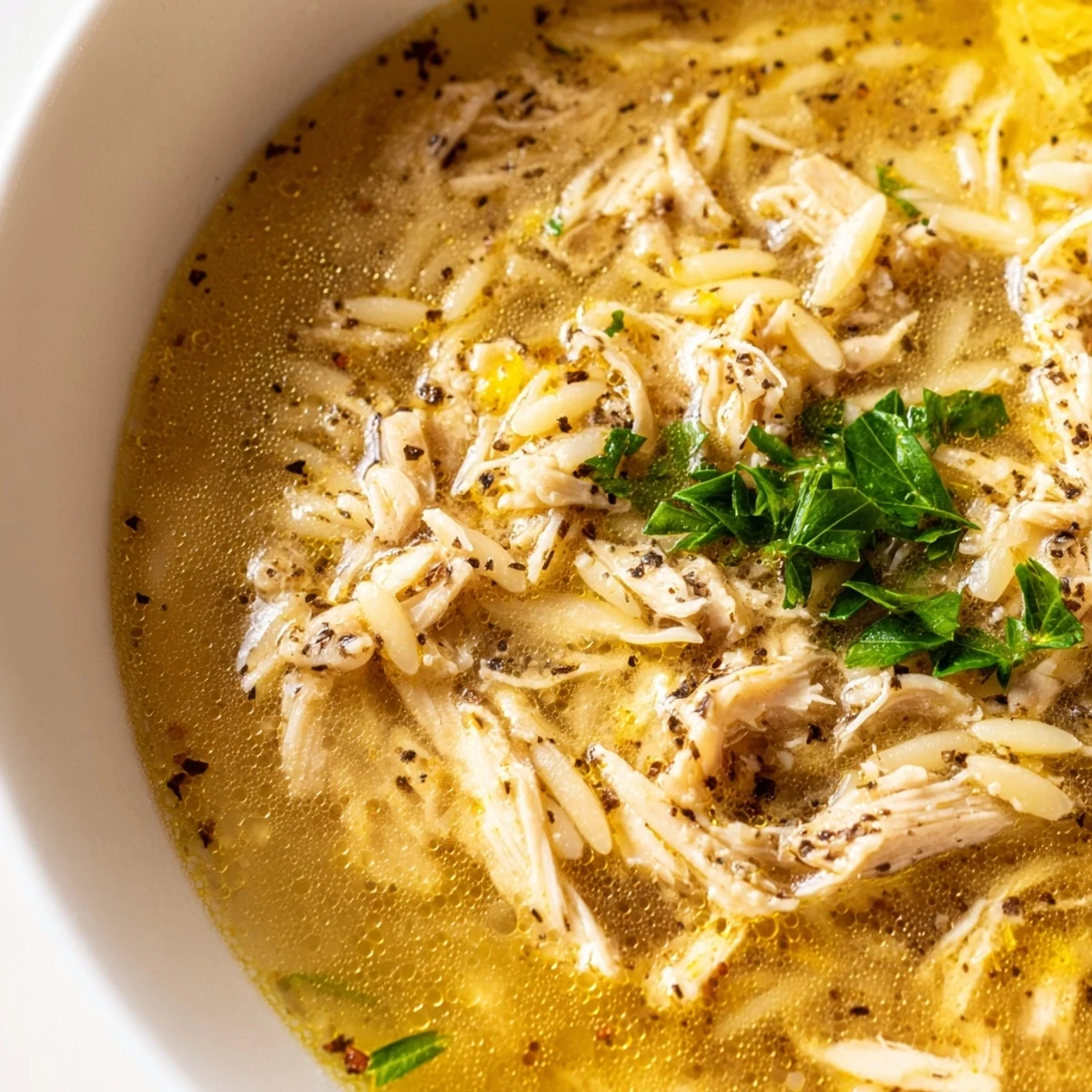 Comforting Lemon Pepper Chicken Orzo Soup served with a crusty bread slice for dipping on a cozy table.