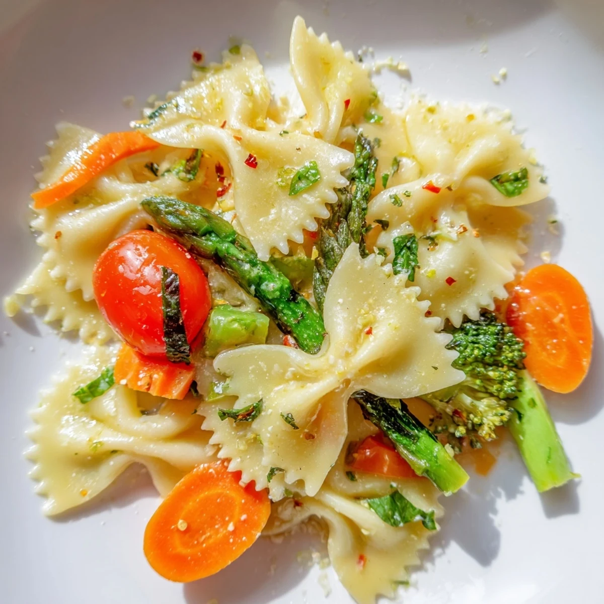 A colorful serving of homemade Rainbow Veggie Pasta Primavera topped with Parmesan, basil, and parsley on a white plate.  
