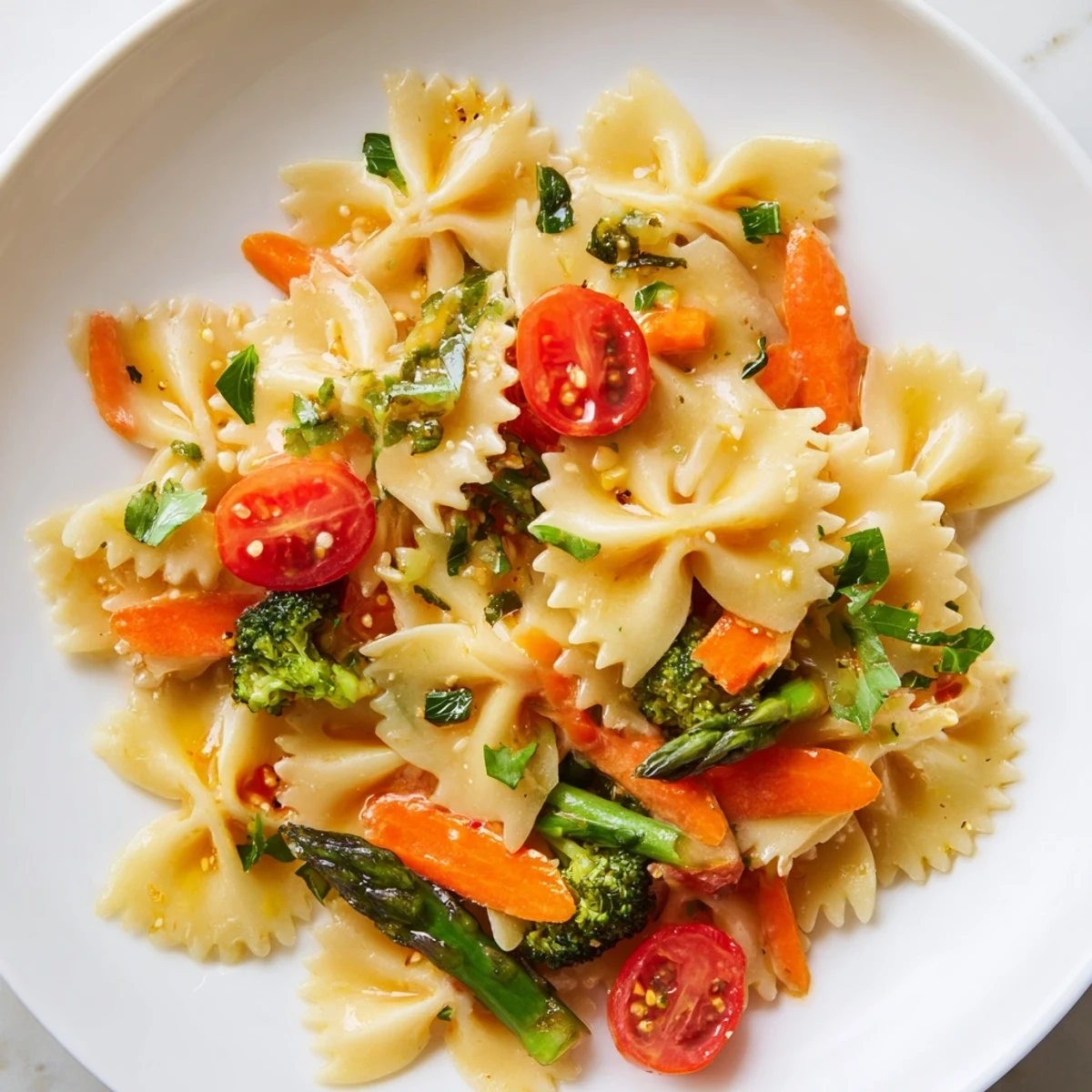 Top-down view of a healthy Rainbow Veggie Pasta Primavera featuring crisp asparagus, cherry tomatoes, and broccoli in a light lemony sauce.