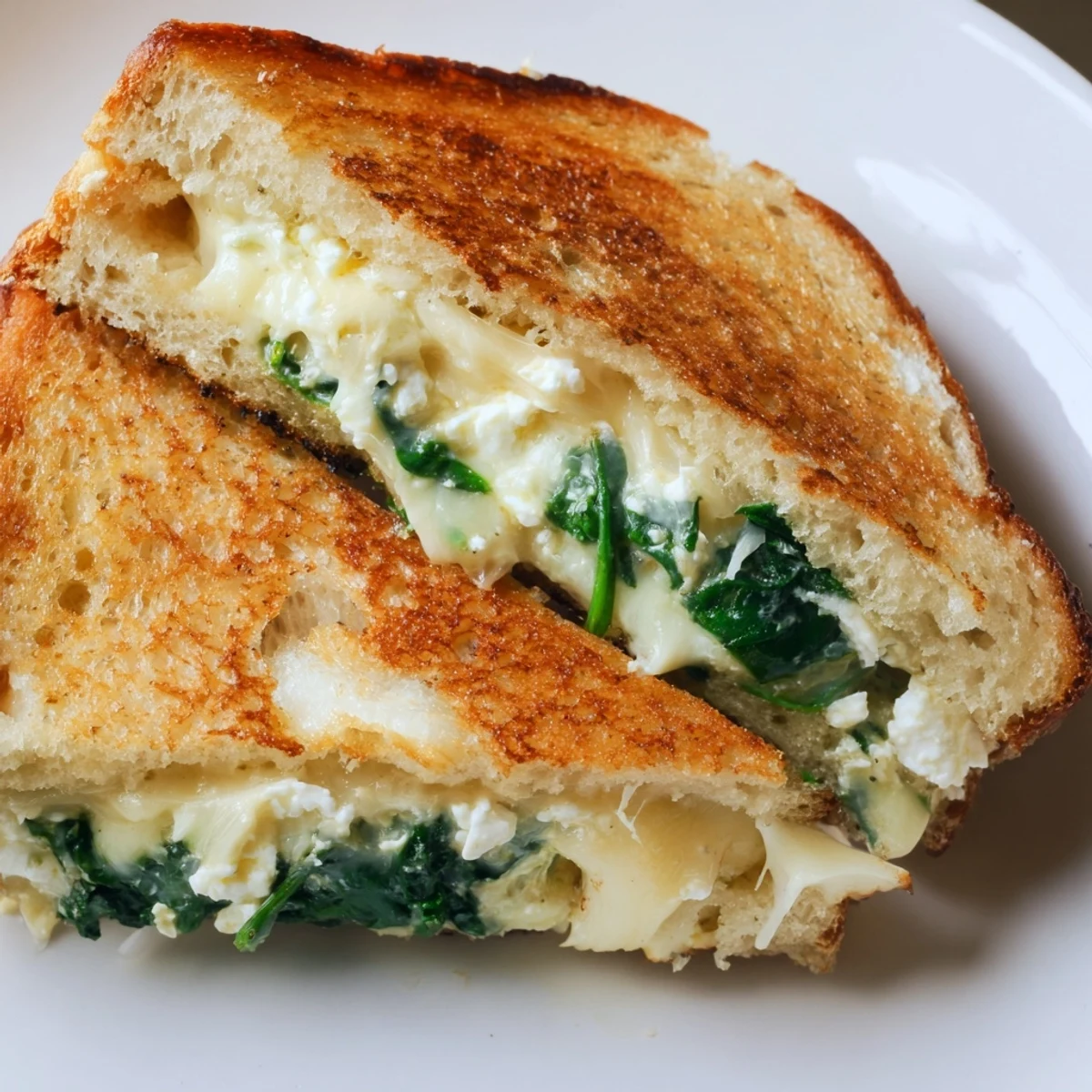 Toasted Feta & Spinach Stuffed Grilled Cheese on sourdough, with garlicky aromas and melted feta oozing from the crispy, buttery edges.