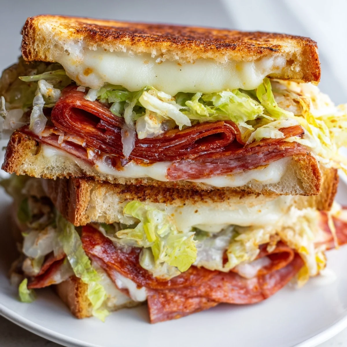 Golden-brown Italian Sub Grilled Cheese sandwich stacked with melty provolone, salami, and pepperoni on toasted bread.  