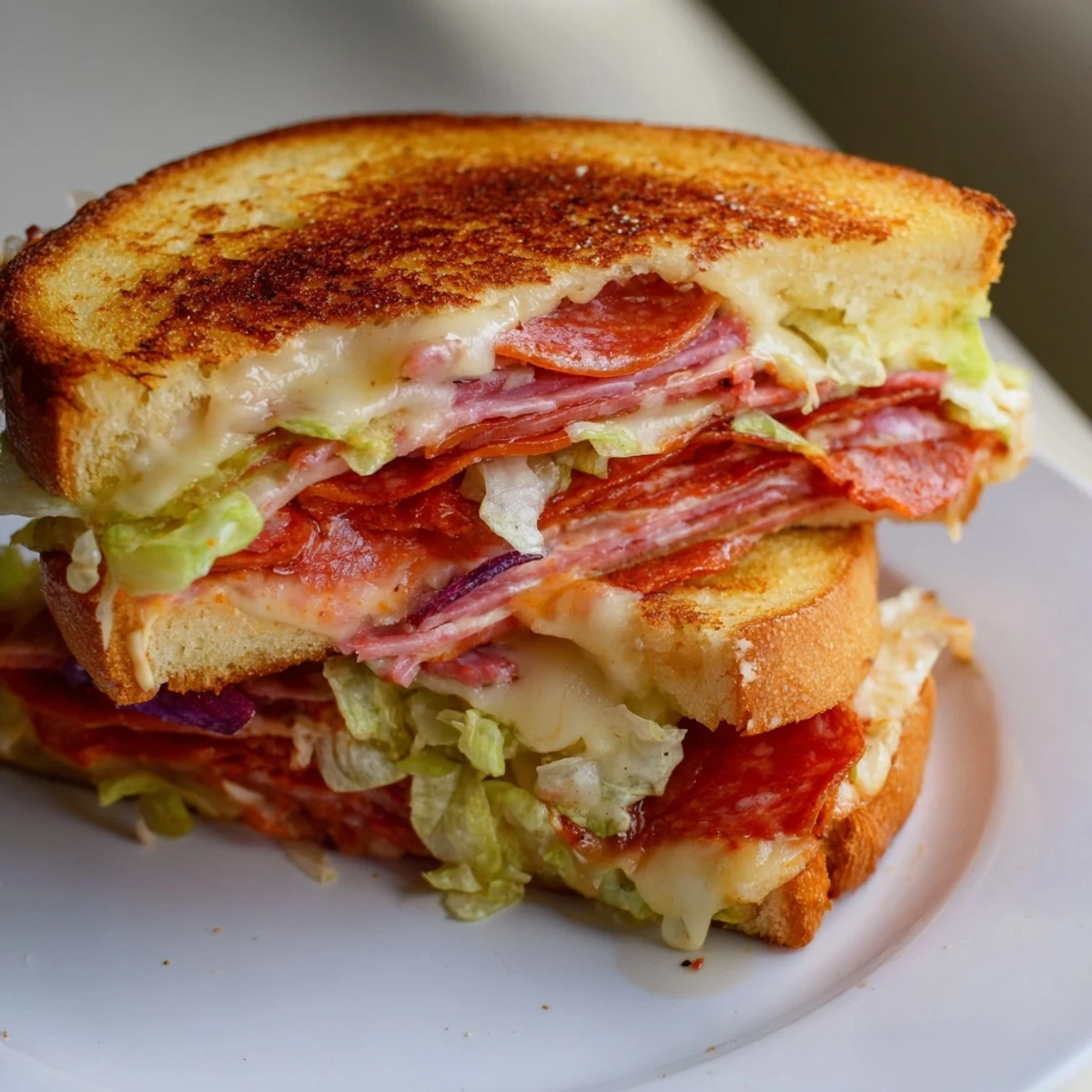 Two halves of an Italian Sub Grilled Cheese served with kettle chips and a side salad on a wooden board.