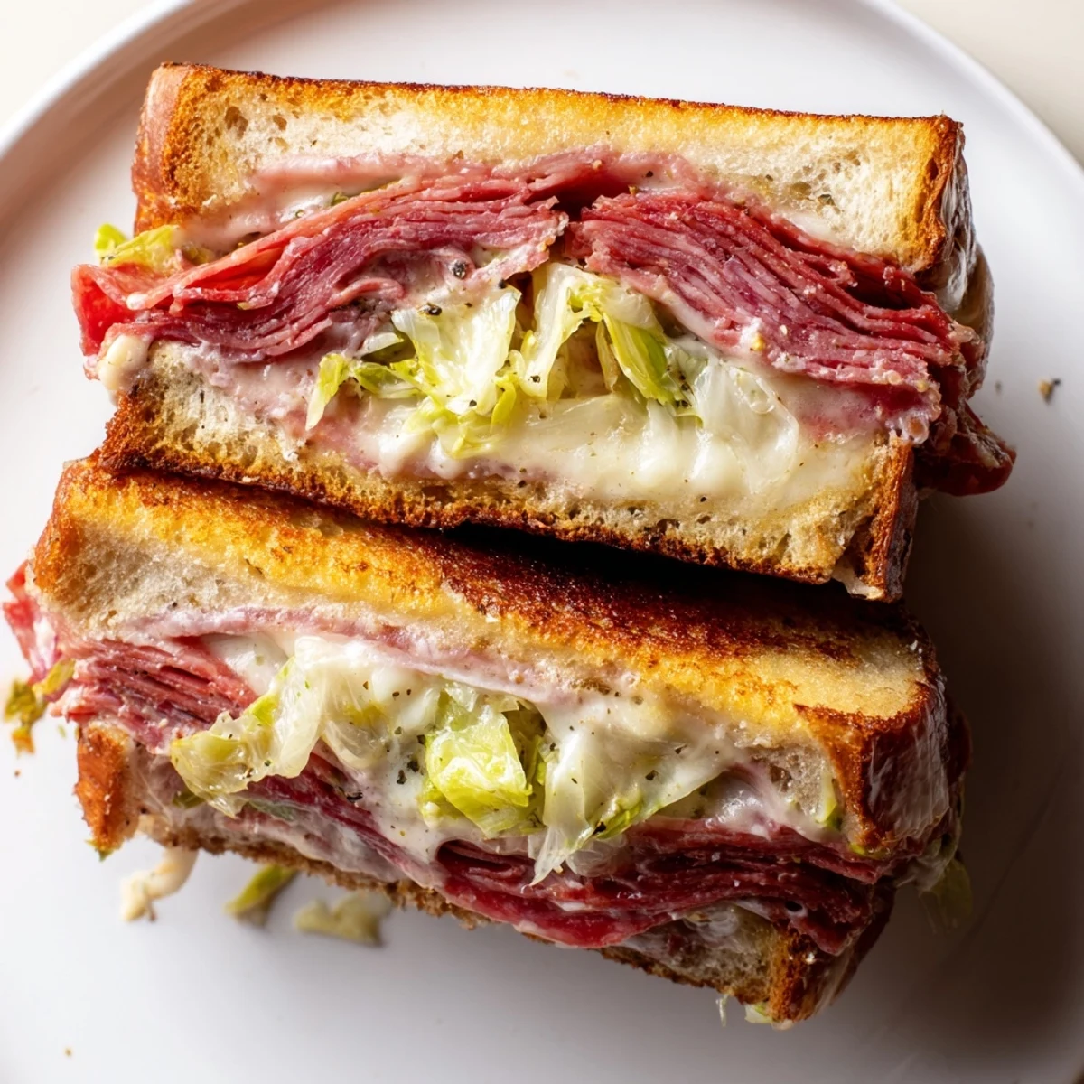 A close-up of a hot Italian Sub Grilled Cheese with crispy crust and melted cheese oozing from the sides.  