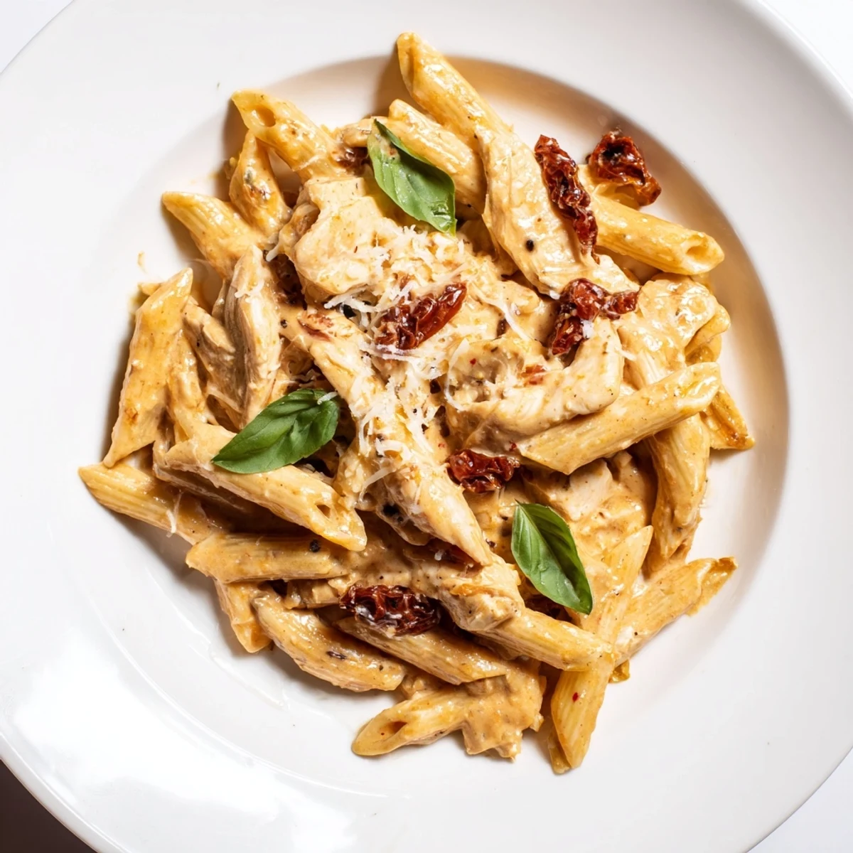 Tender chicken strips and sun-dried tomatoes tossed in penne, covered in a rich, creamy garlic sauce.
