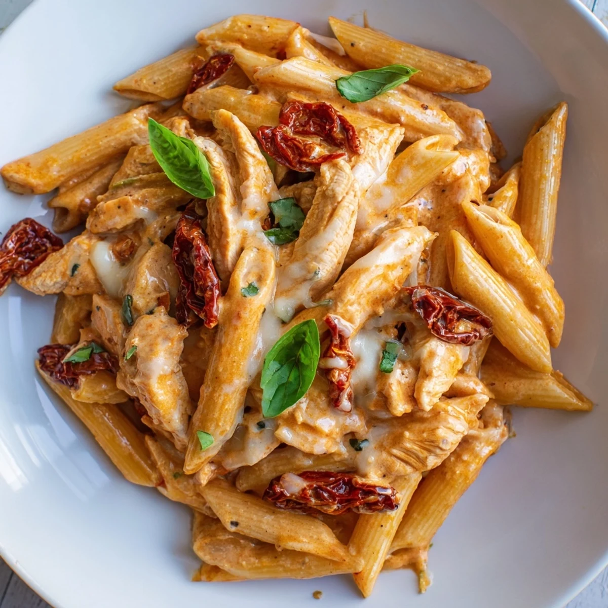 Golden chicken and vibrant sun-dried tomatoes in penne pasta, blanketed in a luscious Parmesan cream sauce.