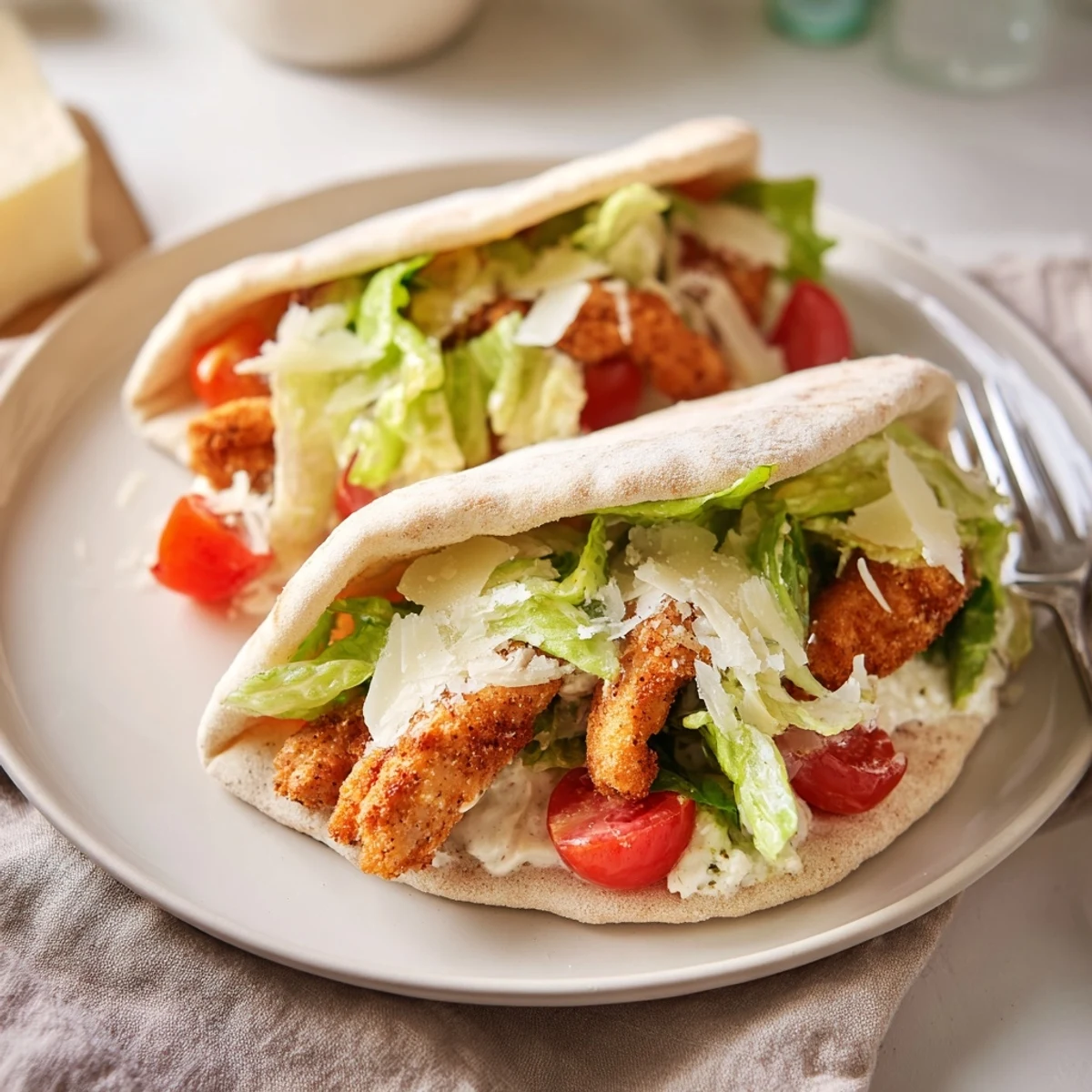 Golden-brown air-fried chicken strips tucked into a warm pita, filled with crisp romaine, creamy Caesar dressing, and shaved Parmesan.