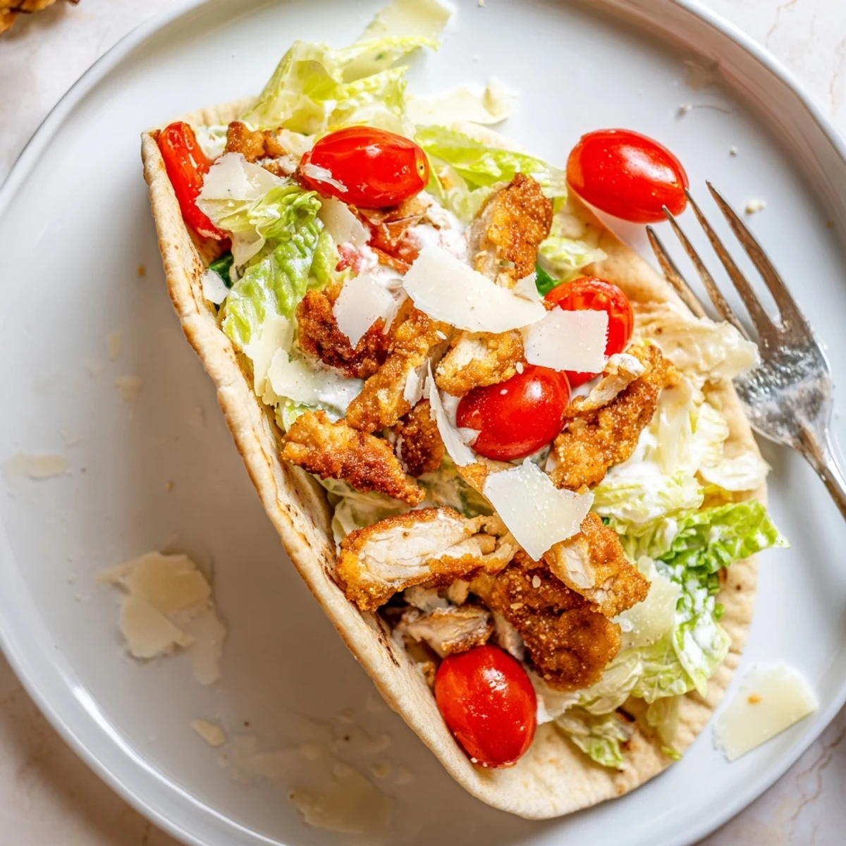 A close-up of the Crispy Chicken Caesar Pita, highlighting crunchy chicken, vibrant lettuce, and melted Parmesan cheese.