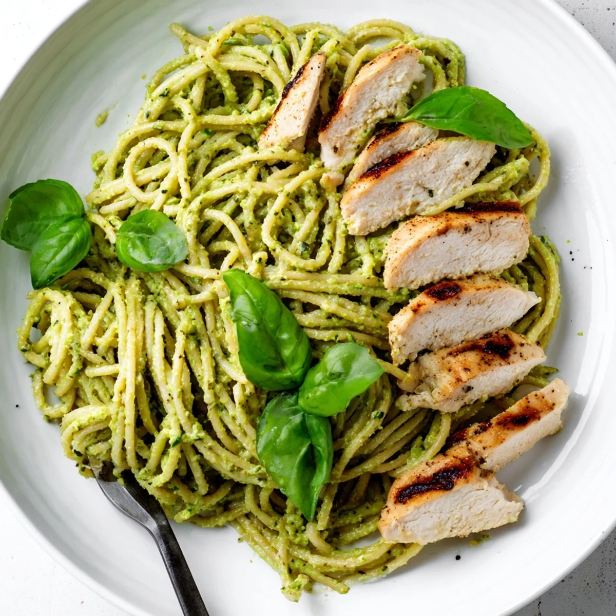 Creamy avocado chicken pasta features tender grilled chicken slices tossed with silky, vibrant green sauce on al dente spaghetti, garnished with fresh basil leaves.  