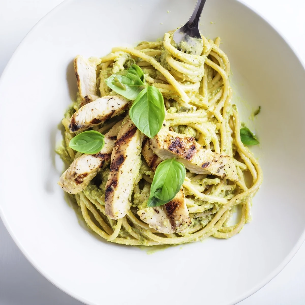 Savory creamy avocado chicken pasta served in a white bowl, garnished with lemon zest and Parmesan, perfect for a quick, healthy weeknight dinner.