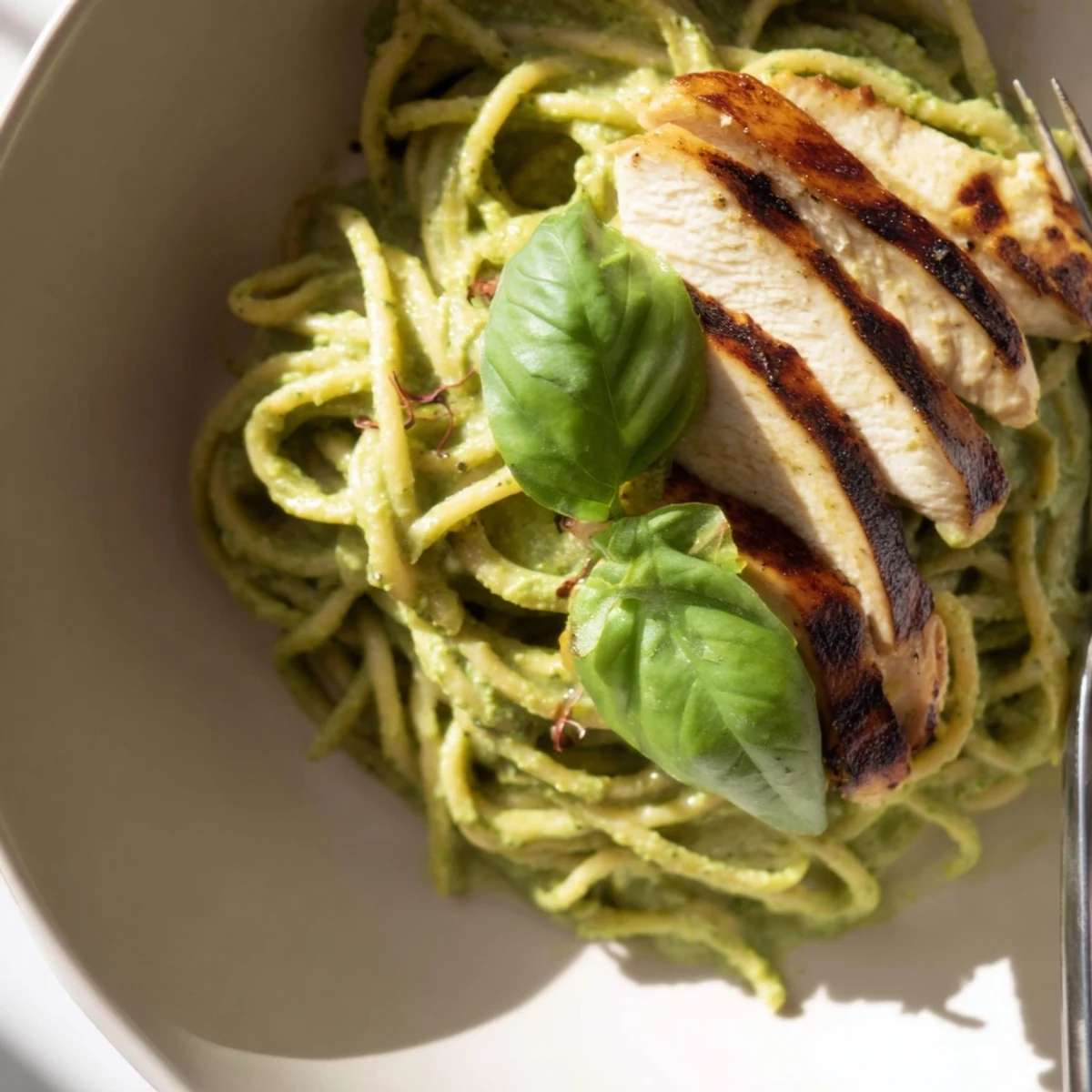 A close-up of creamy avocado chicken pasta reveals juicy grilled chicken pieces, ripe avocado sauce coating noodles, and a sprinkle of red pepper flakes for a spicy kick.  