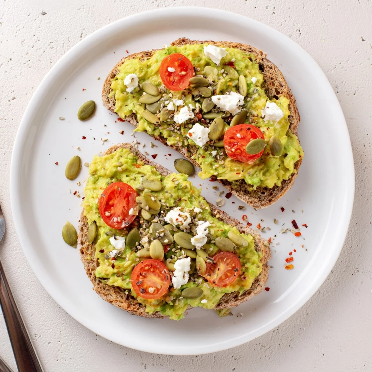 Two slices of golden toasted whole grain bread topped with creamy smashed avocado, lemon, and sea salt for a fresh, crunchy breakfast.