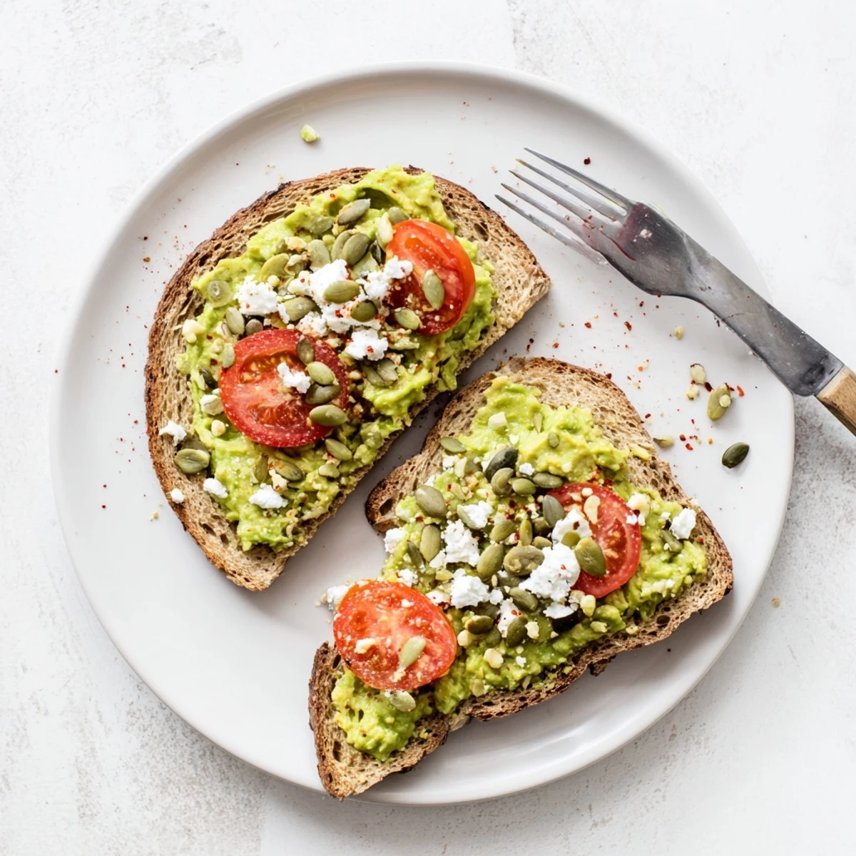 A vibrant serving of avocado toast on whole grain bread, finished with crumbled feta and a hint of red pepper flakes.