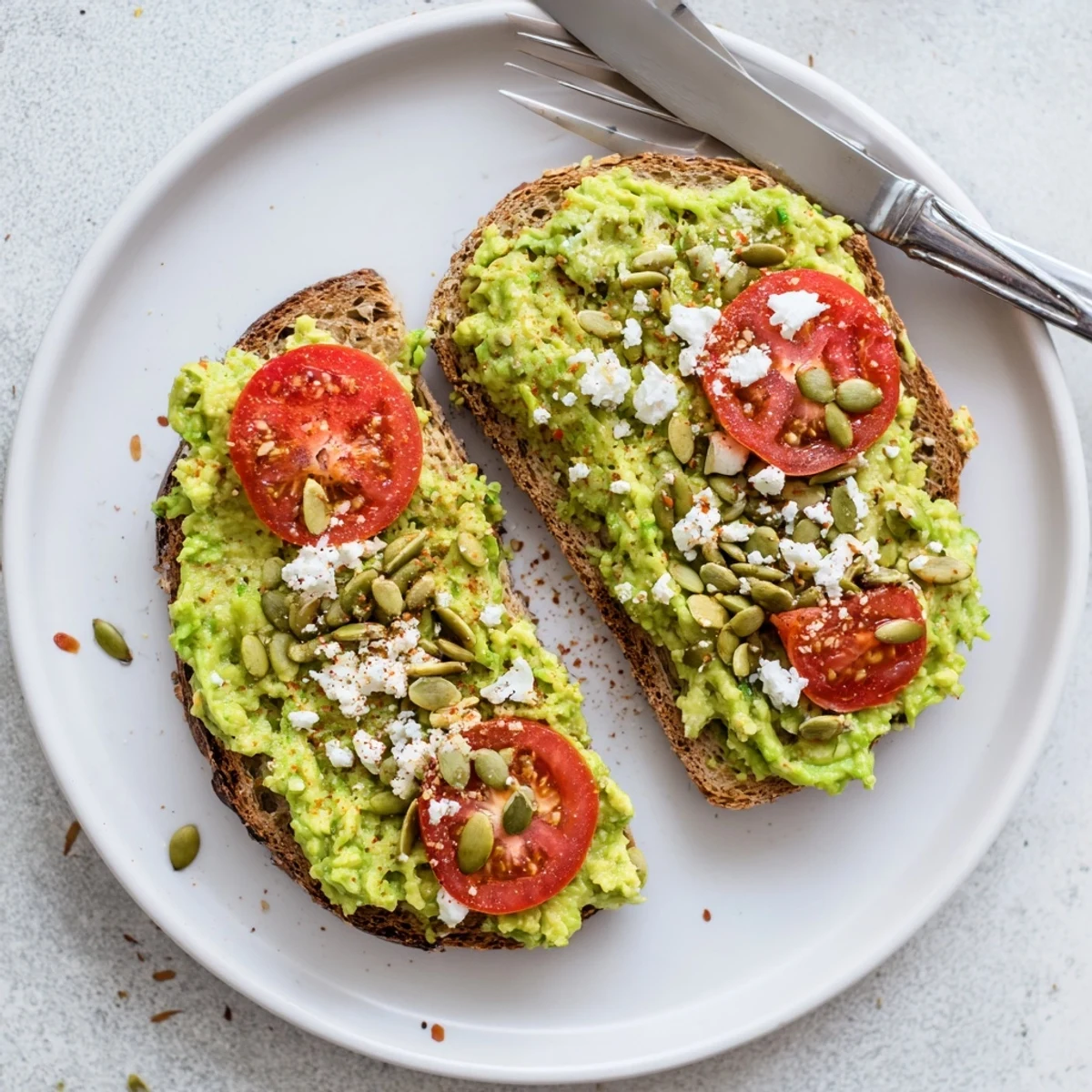 Creamy avocado mash spread over hearty whole grain toast, garnished with ripe tomato slices and crunchy pumpkin seeds for texture.