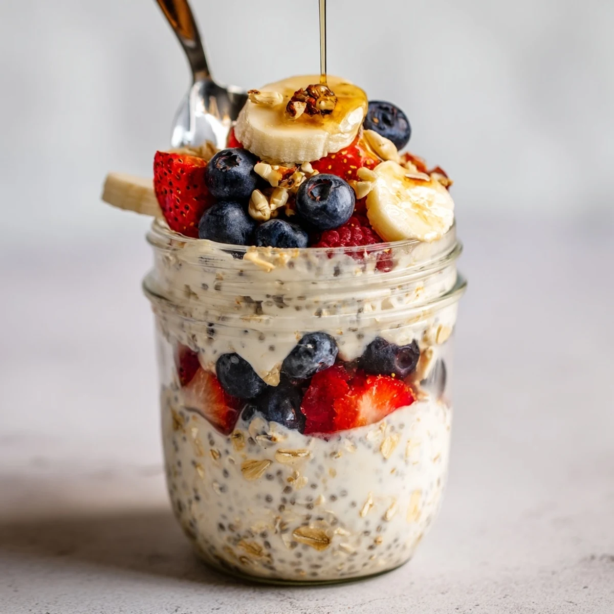 Hearty Overnight Oats With Chia Seeds layered with banana, nuts, and nut butter, served with a spoon.