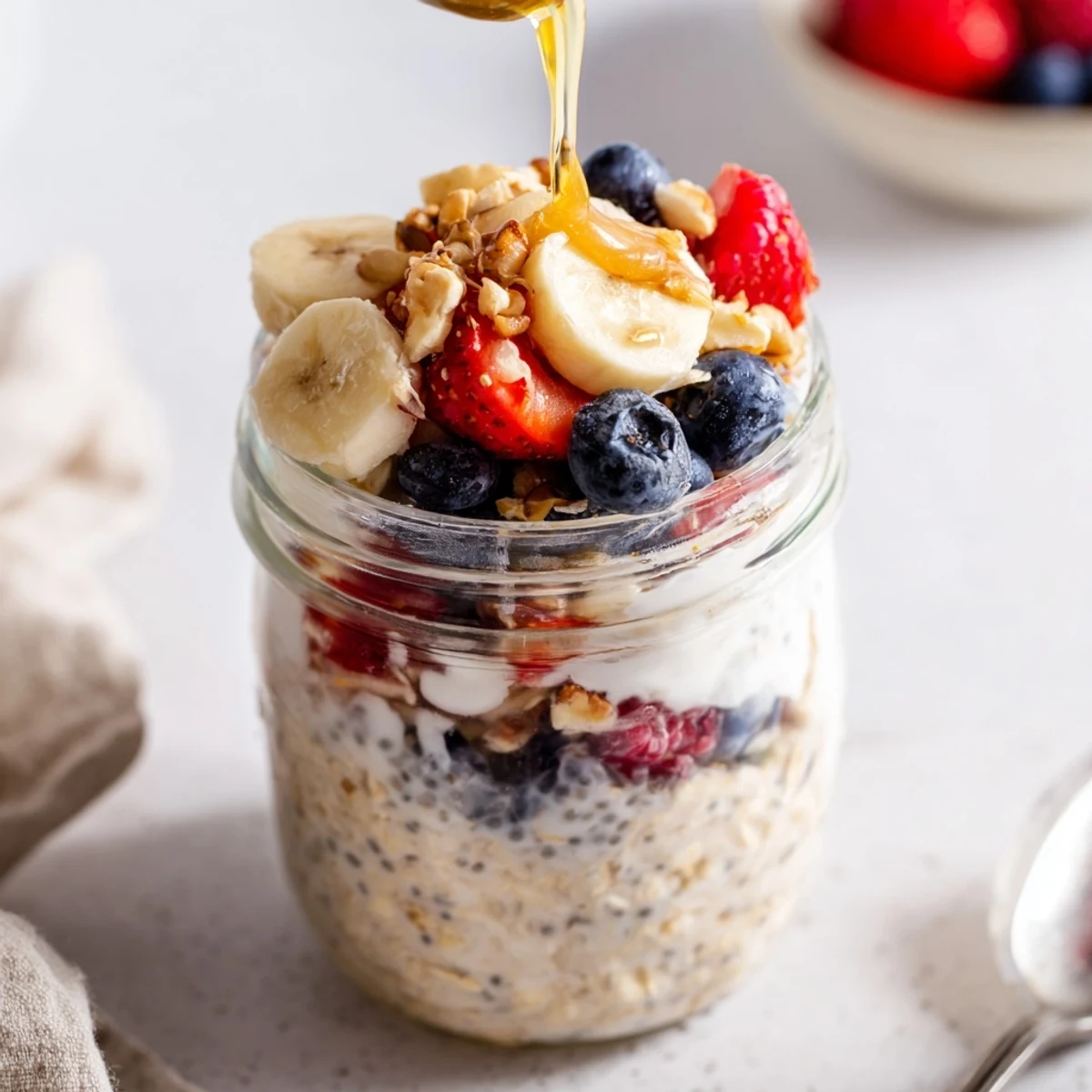 Nutritious Overnight Oats With Chia Seeds prepared with Greek yogurt and honey, ready to enjoy chilled.