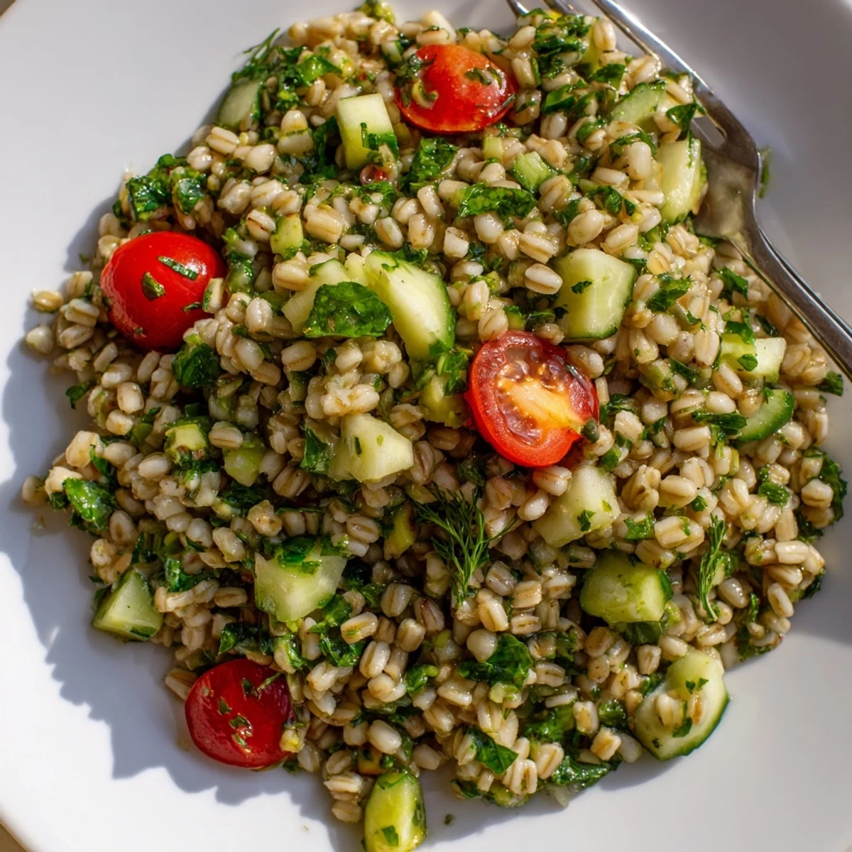The vibrant Barley and Herb Salad showcases fluffy pearl barley mixed with crisp cherry tomatoes, cucumber, and fresh dill on a rustic wooden board.  