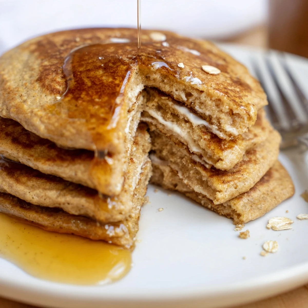 A single Protein Power Pancake topped with a dollop of Greek yogurt and sliced banana, showing its soft, airy texture.