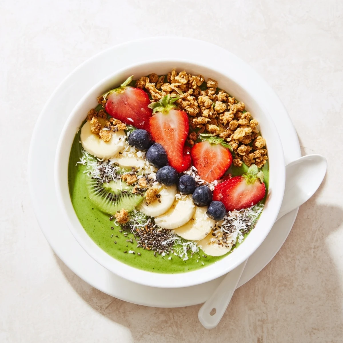 Creamy spinach, mango, and pineapple blend topped with granola and berries in a colorful breakfast bowl.
