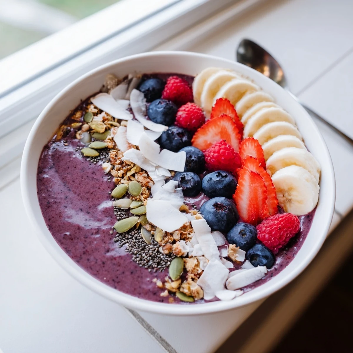 Artfully arranged acai berry smoothie bowl with strawberries, chia seeds, and coconut flakes over a smooth purple base.