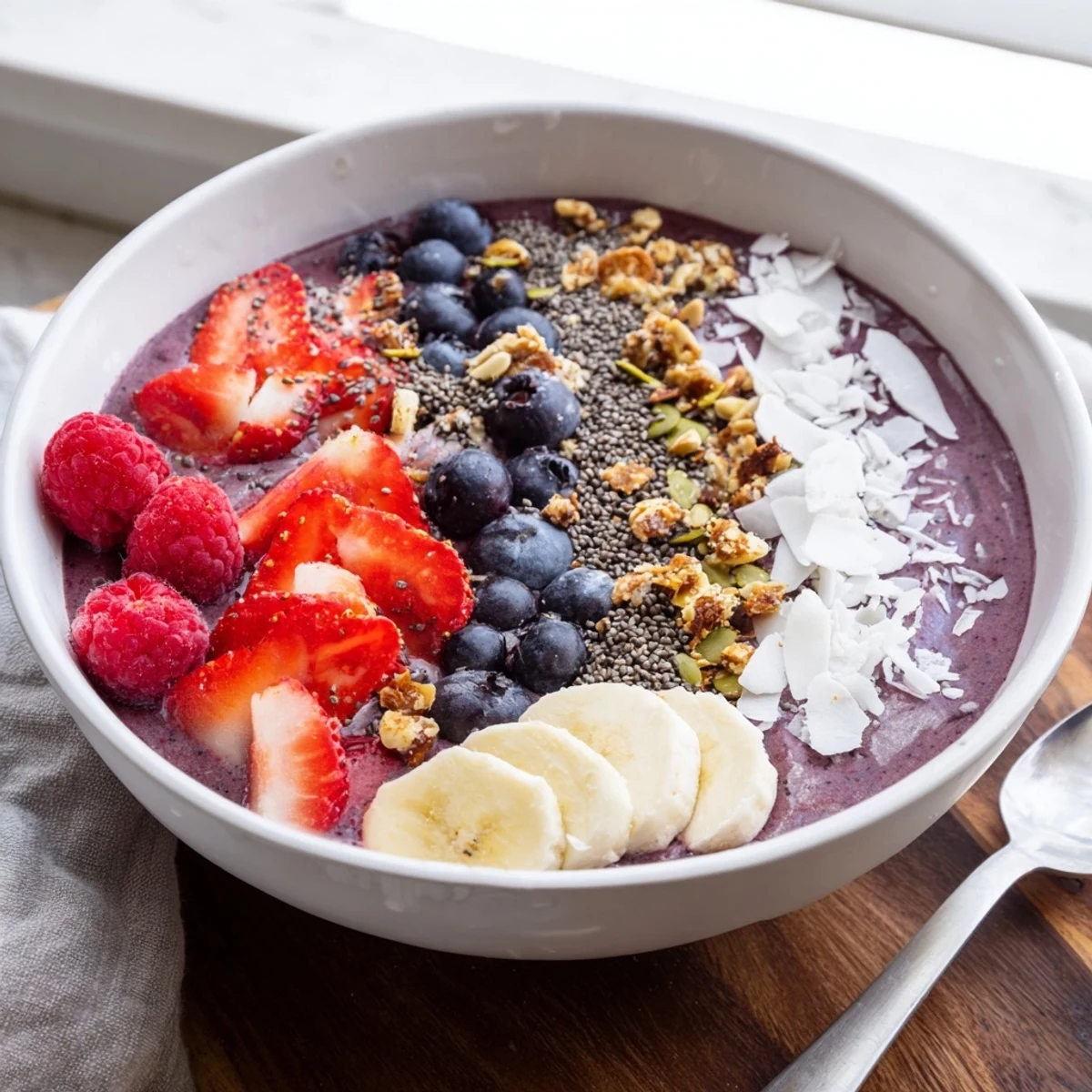 Close-up of an acai berry smoothie bowl garnished with pumpkin seeds and almond butter drizzle, served in a white bowl.