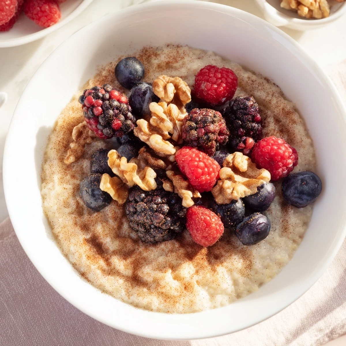 Steaming bowl of gluten-free millet porridge with fresh raspberries, blueberries, and a drizzle of honey.  