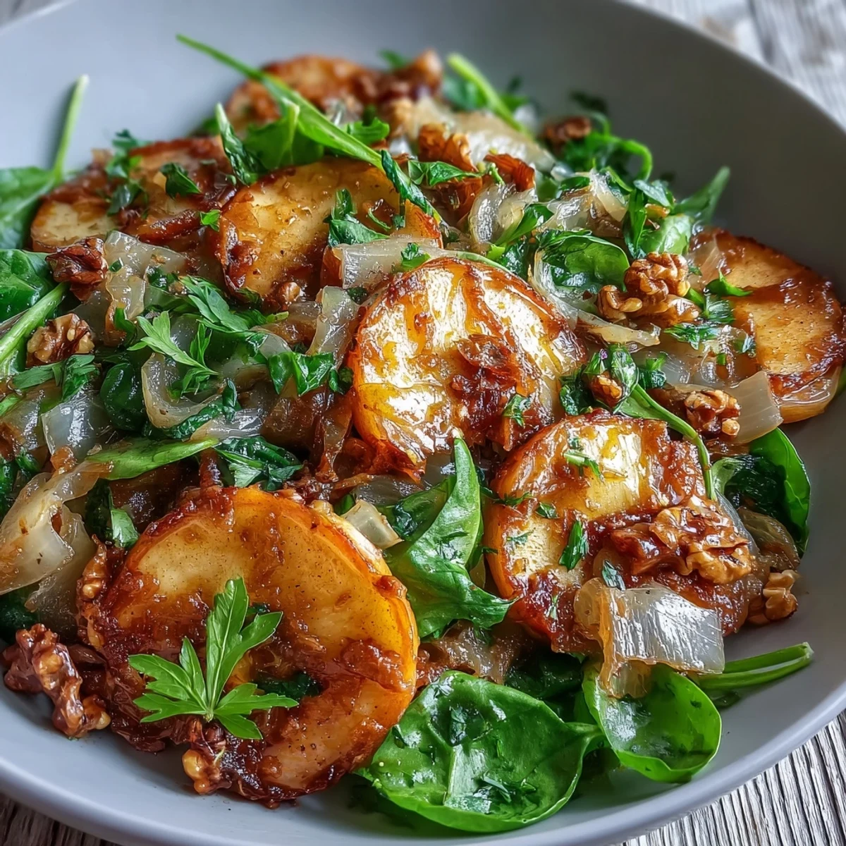 Caramelized apples and onions in a warm apple and sauerkraut skillet salad topped with crunchy pecans and fresh parsley.