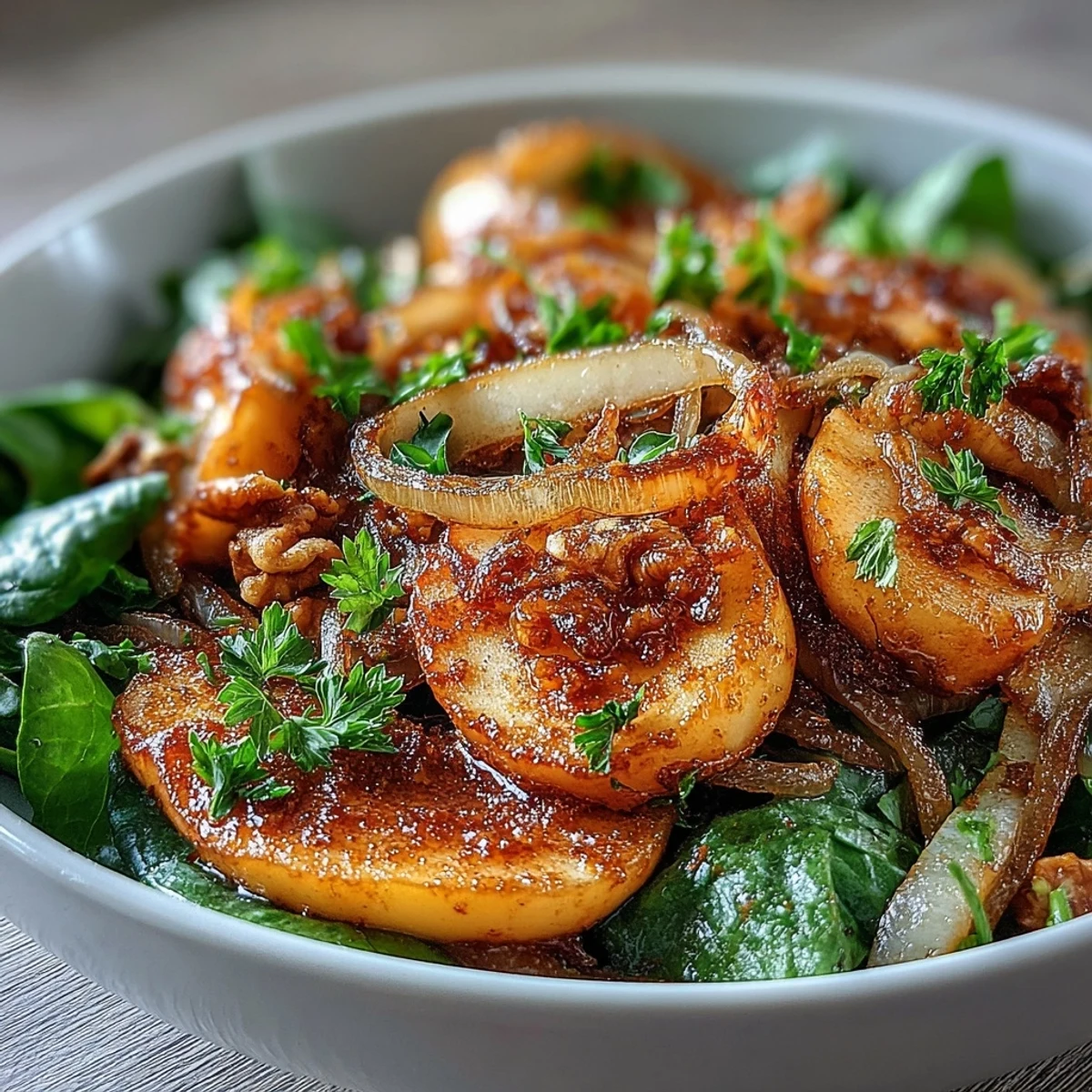 A skillet of sizzling warm apple and sauerkraut salad with sauerkraut, olive oil, and a drizzle of honey.