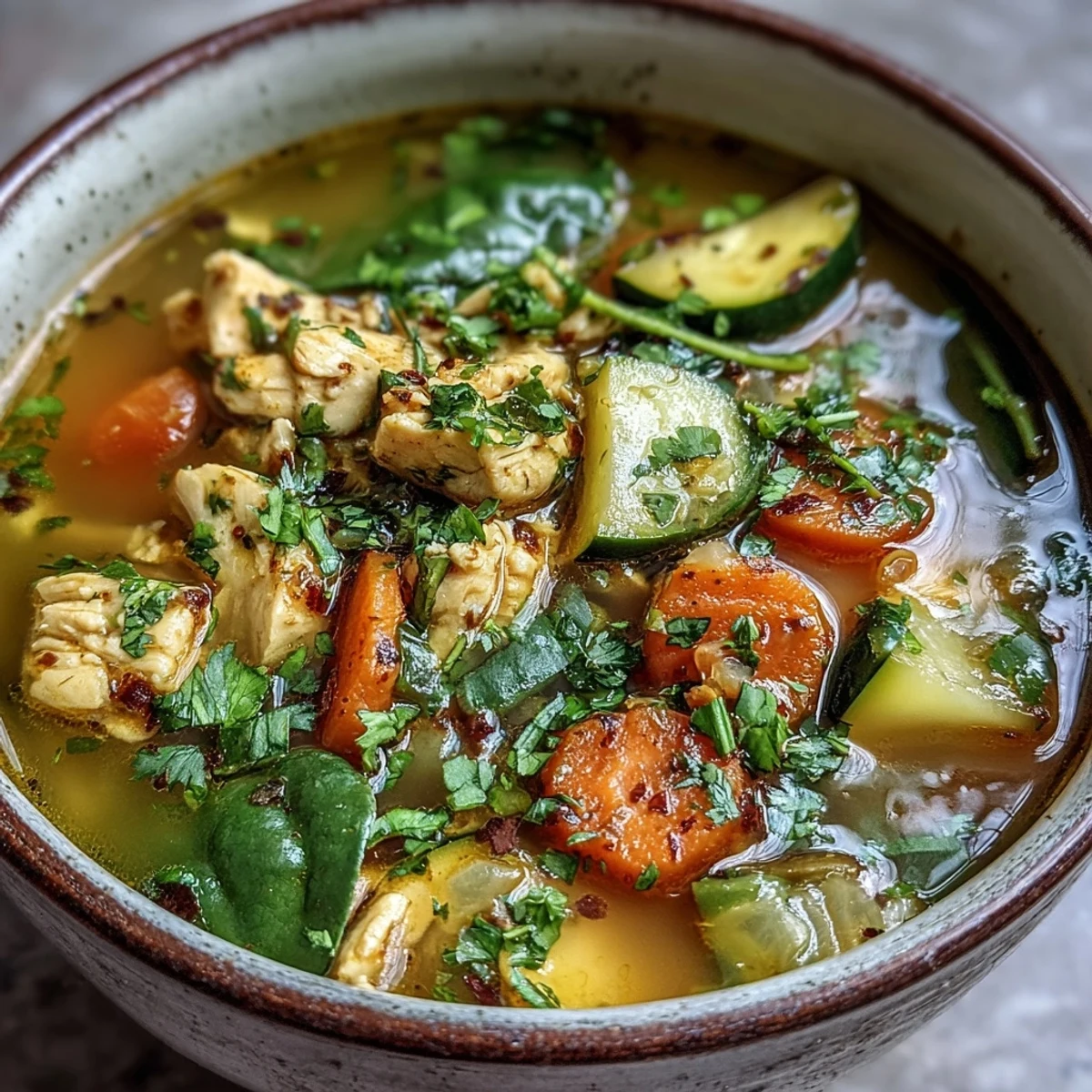 A warm bowl of Turmeric Chicken Soup garnished with fresh cilantro, lemon wedge, and chili flakes.