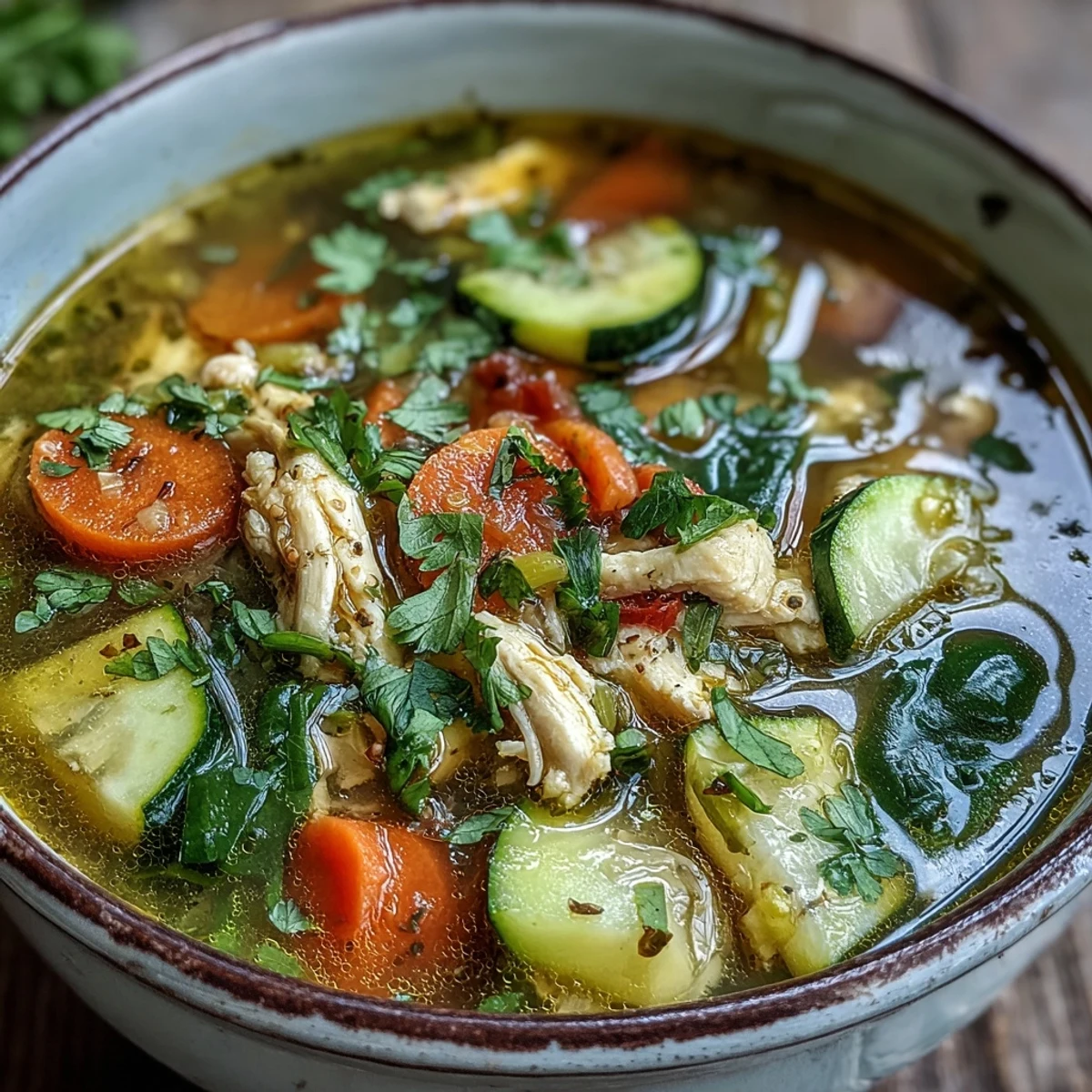 Close-up of Turmeric Chicken Soup showing tender chicken, carrots, zucchini, and wilted spinach in golden broth.
