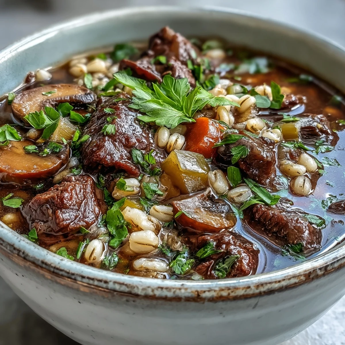 Steaming bowl of homemade Vegetable Beef, Barley, and Mushroom Soup topped with fresh parsley.