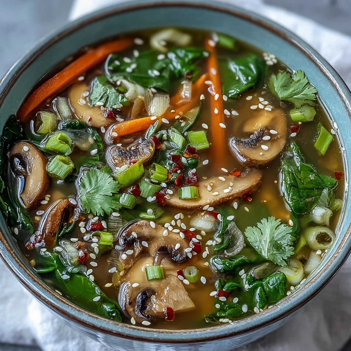 Steaming bowl of Miso Ginger Winter Soup topped with sesame seeds and fresh cilantro.