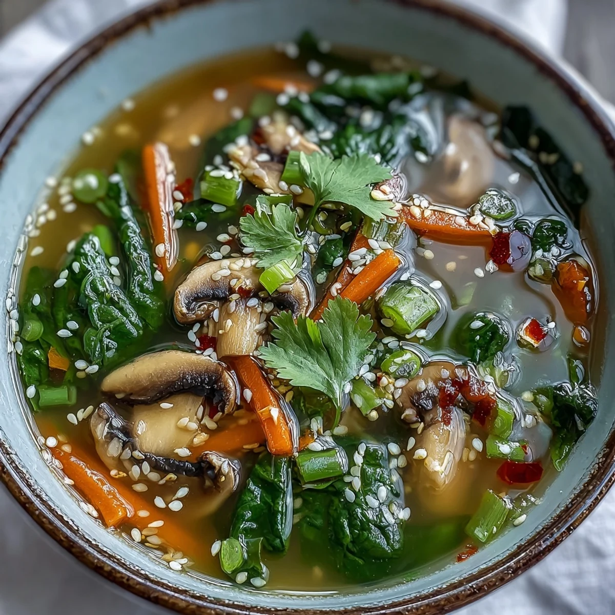 A vibrant, steaming bowl of Miso Ginger Winter Soup filled with sliced shiitake mushrooms, julienned carrots, and wilted spinach, topped with sesame seeds and fresh cilantro.