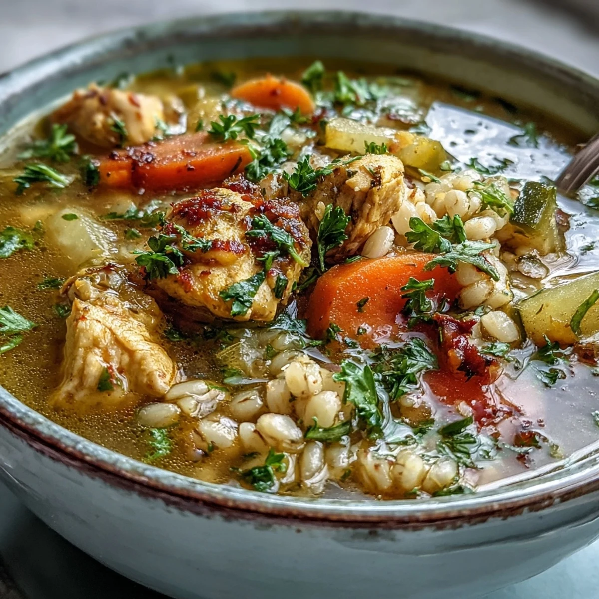 A steaming bowl of Soothing Turmeric Chicken With Pearl Barley, featuring tender chicken and golden broth, served with lemon wedges and parsley.